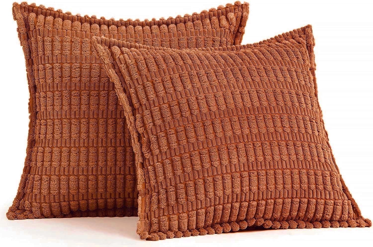 imageMIULEE Light Grey Corduroy Decorative Throw Pillow Covers Pack of 2 Soft Striped Pillows Pillowcases with Broad Edge Winter Modern Boho Home Decor for Couch Sofa Bed 18x18 InchDark Rust