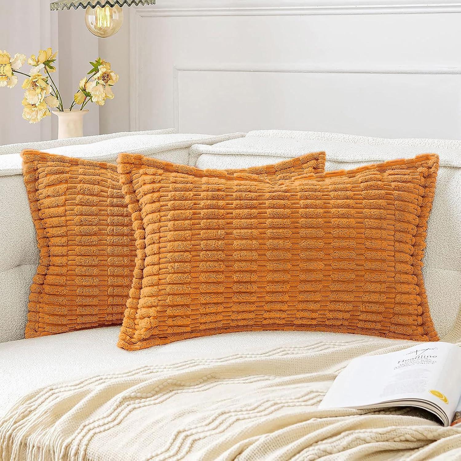 imageMIULEE Light Grey Corduroy Decorative Throw Pillow Covers Pack of 2 Soft Striped Pillows Pillowcases with Broad Edge Winter Modern Boho Home Decor for Couch Sofa Bed 18x18 InchBurnt Orange