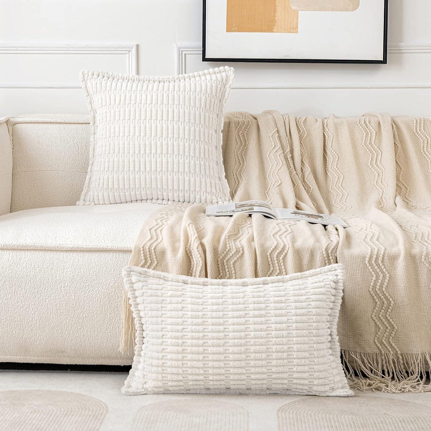 imageMIULEE Light Grey Corduroy Decorative Throw Pillow Covers Pack of 2 Soft Striped Pillows Pillowcases with Broad Edge Winter Modern Boho Home Decor for Couch Sofa Bed 18x18 InchPure White