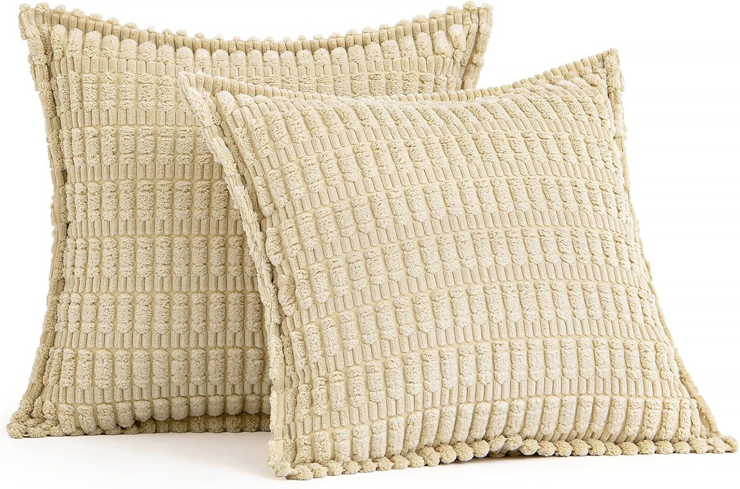 imageMIULEE Light Grey Corduroy Decorative Throw Pillow Covers Pack of 2 Soft Striped Pillows Pillowcases with Broad Edge Winter Modern Boho Home Decor for Couch Sofa Bed 18x18 InchBeige