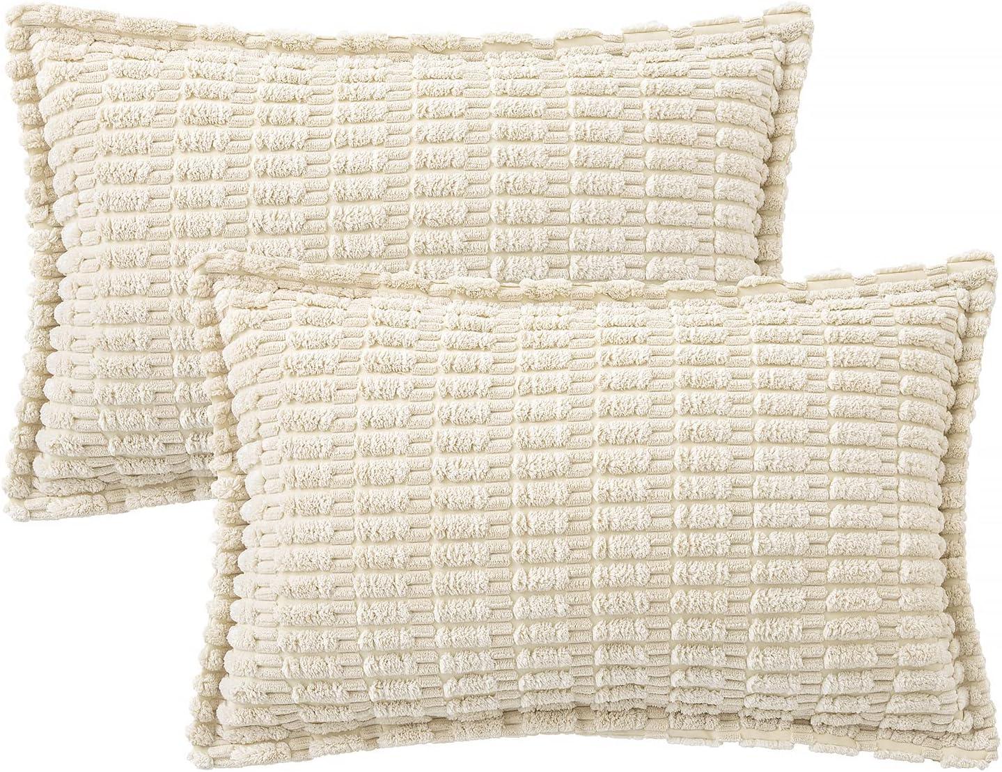 imageMIULEE Light Grey Corduroy Decorative Throw Pillow Covers Pack of 2 Soft Striped Pillows Pillowcases with Broad Edge Winter Modern Boho Home Decor for Couch Sofa Bed 18x18 InchCream White