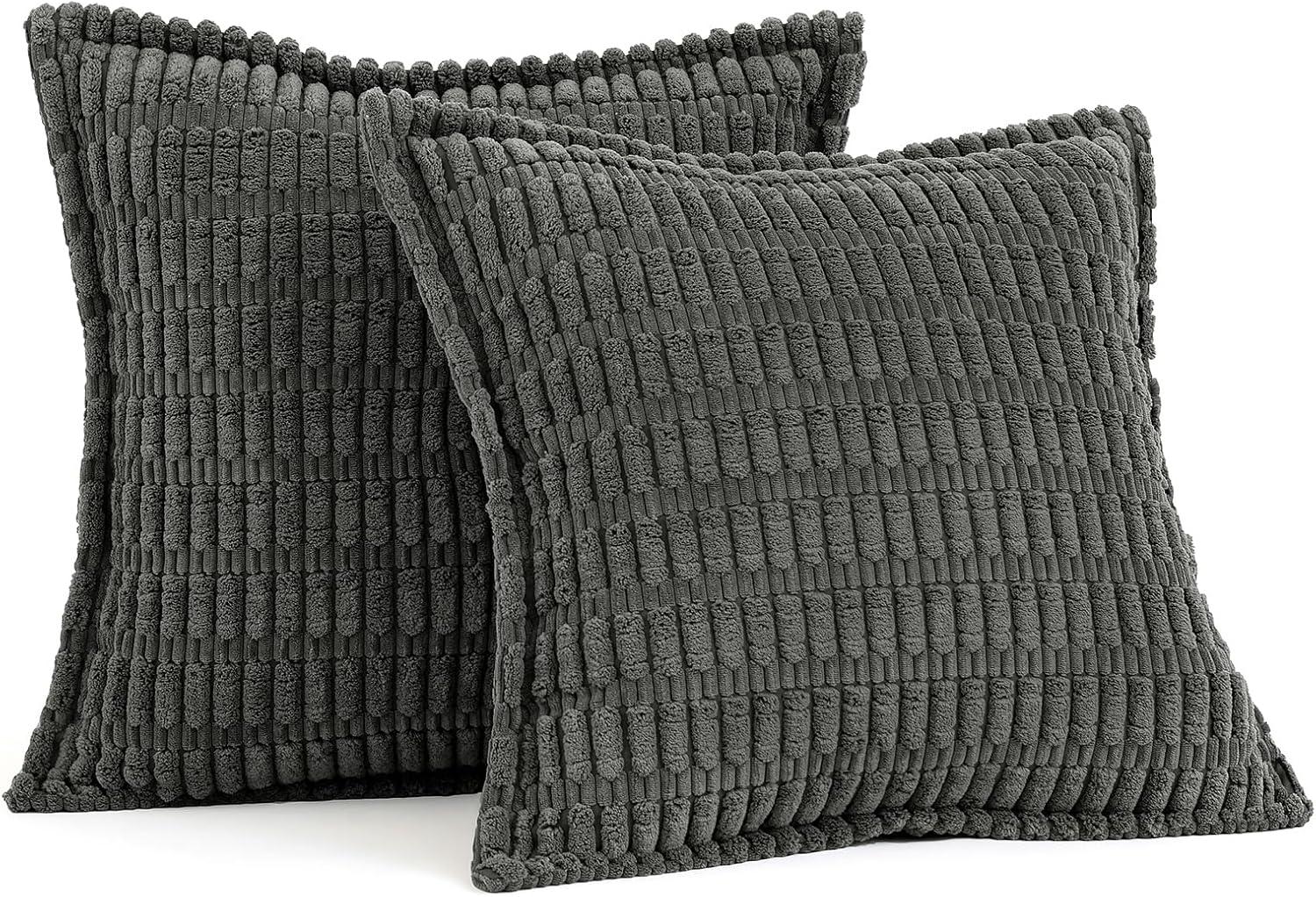 imageMIULEE Light Grey Corduroy Decorative Throw Pillow Covers Pack of 2 Soft Striped Pillows Pillowcases with Broad Edge Winter Modern Boho Home Decor for Couch Sofa Bed 18x18 InchDark Grey