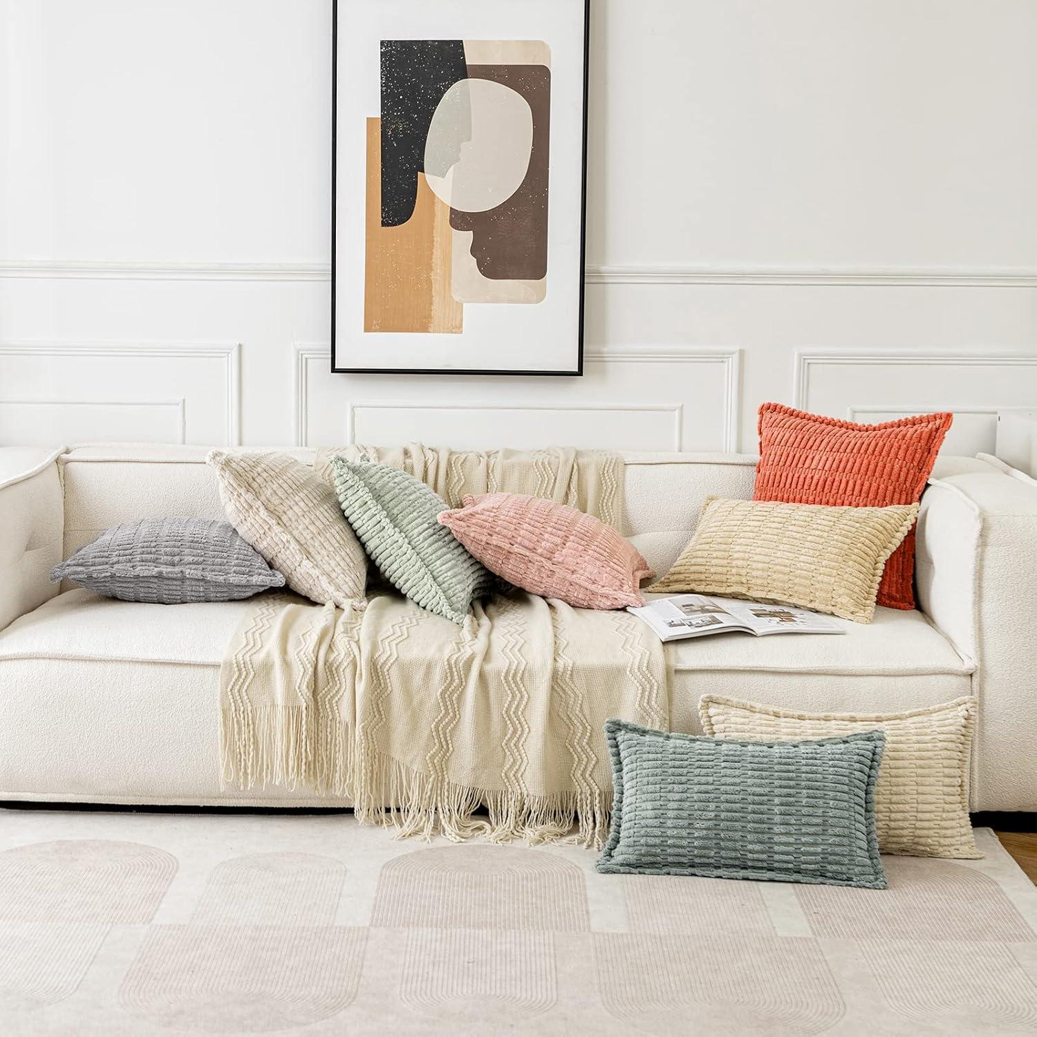 imageMIULEE Light Grey Corduroy Decorative Throw Pillow Covers Pack of 2 Soft Striped Pillows Pillowcases with Broad Edge Winter Modern Boho Home Decor for Couch Sofa Bed 18x18 InchBeige