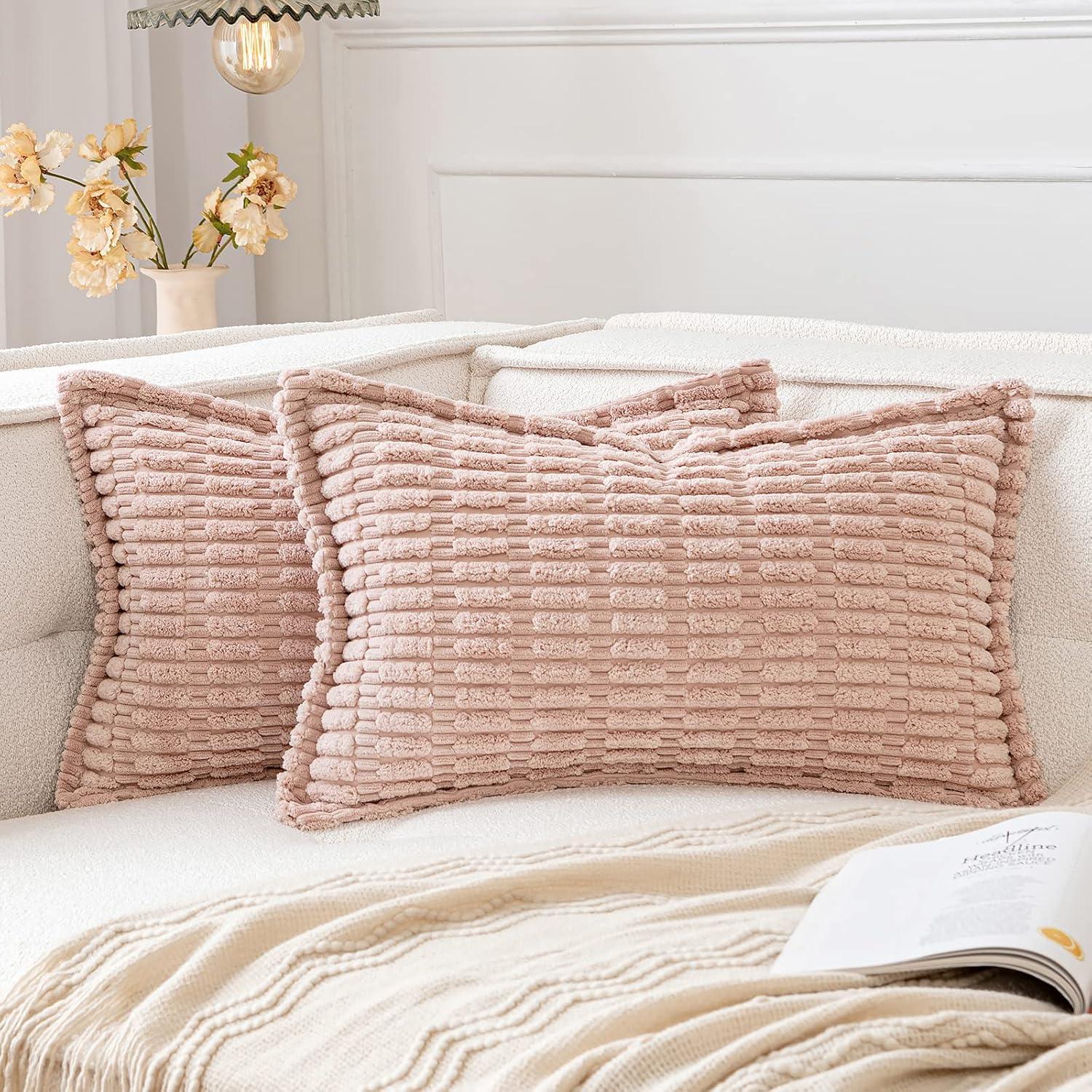 imageMIULEE Light Grey Corduroy Decorative Throw Pillow Covers Pack of 2 Soft Striped Pillows Pillowcases with Broad Edge Winter Modern Boho Home Decor for Couch Sofa Bed 18x18 InchPink