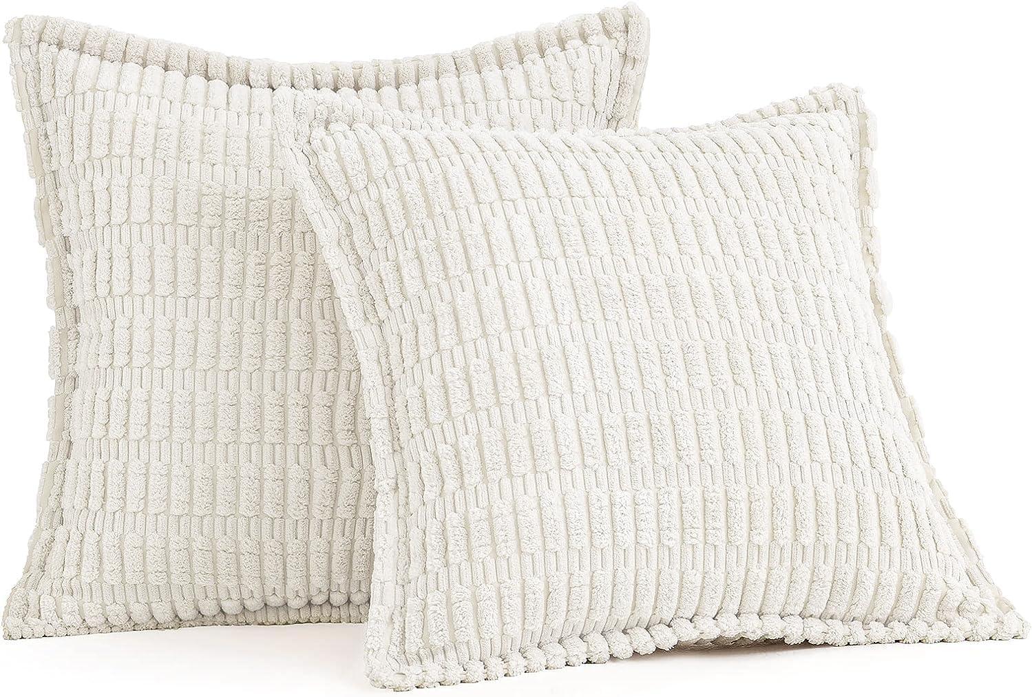 imageMIULEE Light Grey Corduroy Decorative Throw Pillow Covers Pack of 2 Soft Striped Pillows Pillowcases with Broad Edge Winter Modern Boho Home Decor for Couch Sofa Bed 18x18 InchPure White