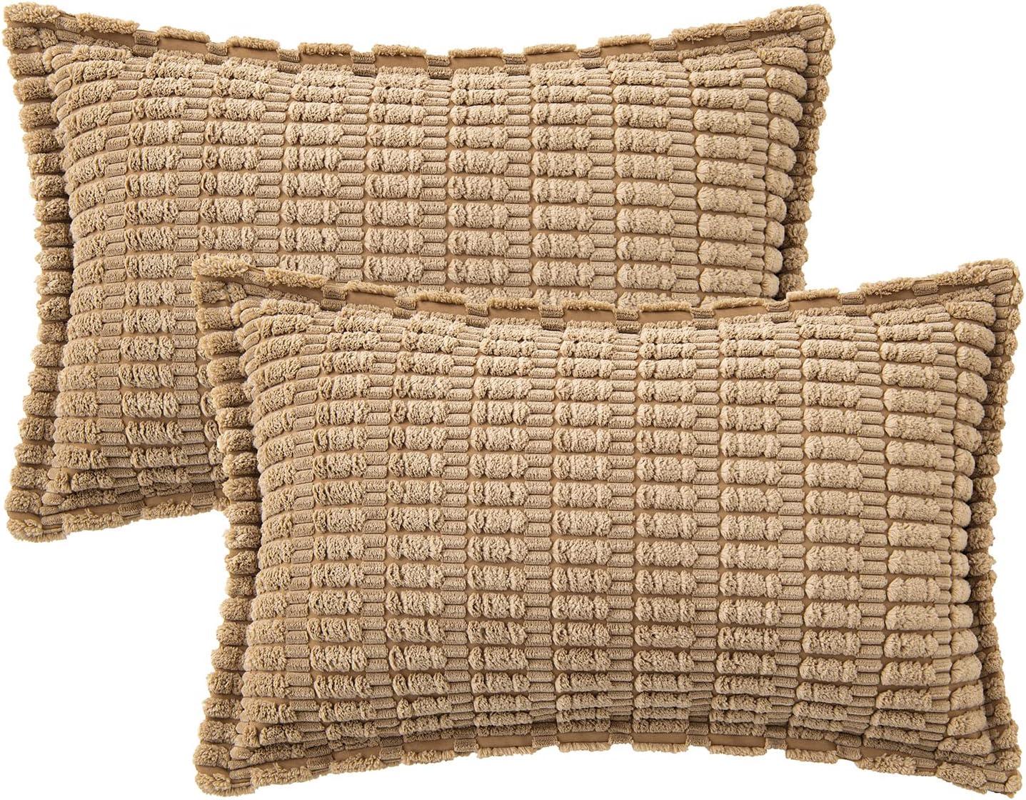 imageMIULEE Light Grey Corduroy Decorative Throw Pillow Covers Pack of 2 Soft Striped Pillows Pillowcases with Broad Edge Winter Modern Boho Home Decor for Couch Sofa Bed 18x18 InchKhaki