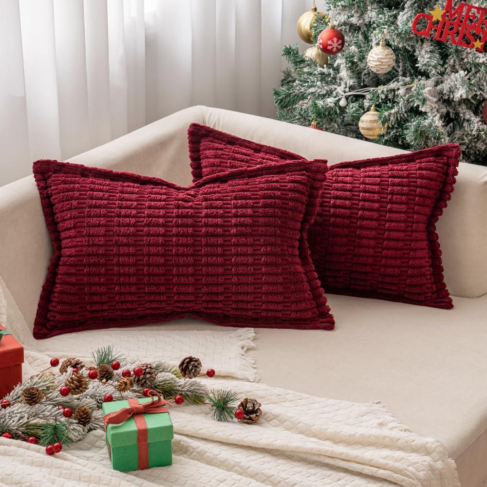 imageMIULEE Light Grey Corduroy Decorative Throw Pillow Covers Pack of 2 Soft Striped Pillows Pillowcases with Broad Edge Winter Modern Boho Home Decor for Couch Sofa Bed 18x18 InchBurgundy