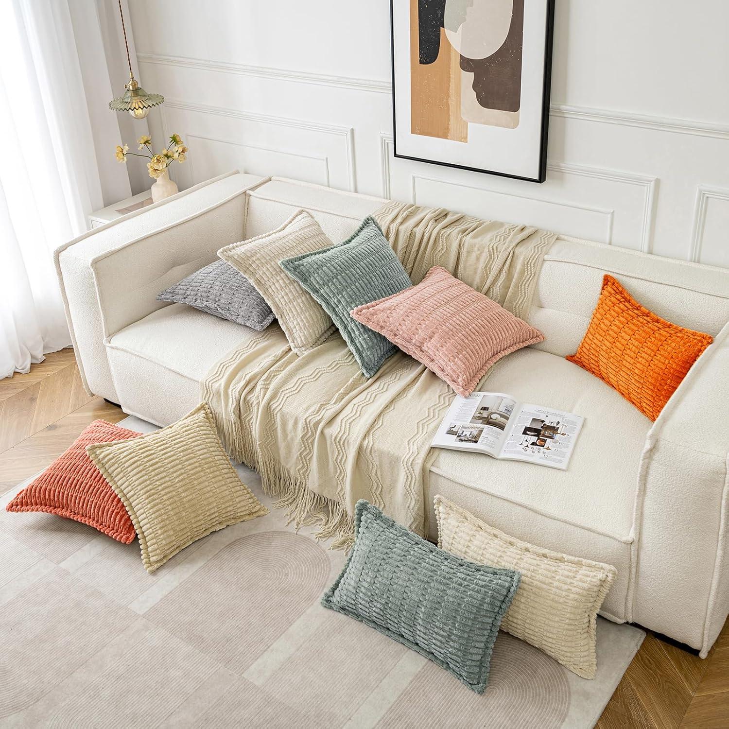 imageMIULEE Light Grey Corduroy Decorative Throw Pillow Covers Pack of 2 Soft Striped Pillows Pillowcases with Broad Edge Winter Modern Boho Home Decor for Couch Sofa Bed 18x18 InchOrange