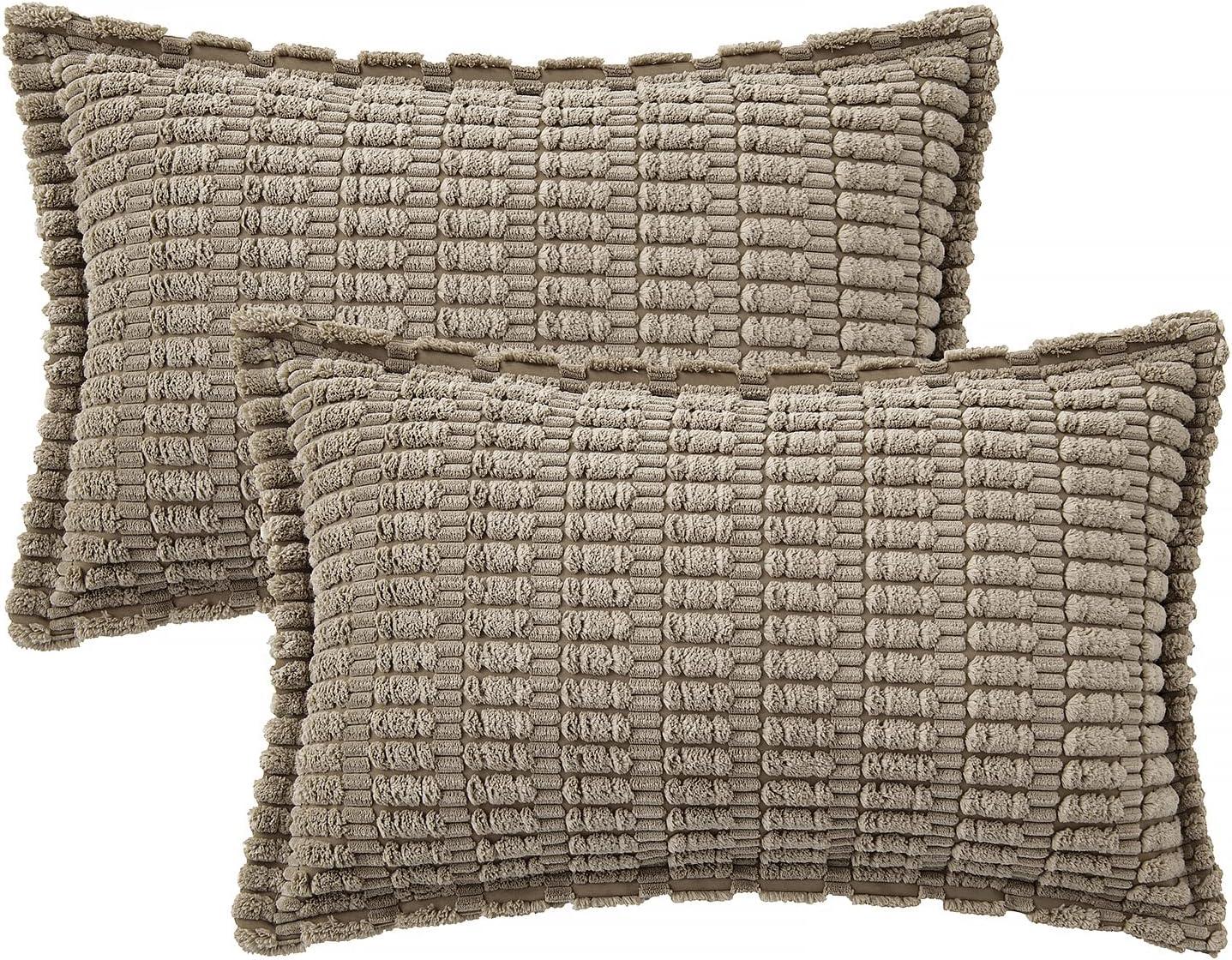 imageMIULEE Light Grey Corduroy Decorative Throw Pillow Covers Pack of 2 Soft Striped Pillows Pillowcases with Broad Edge Winter Modern Boho Home Decor for Couch Sofa Bed 18x18 InchLight Brown