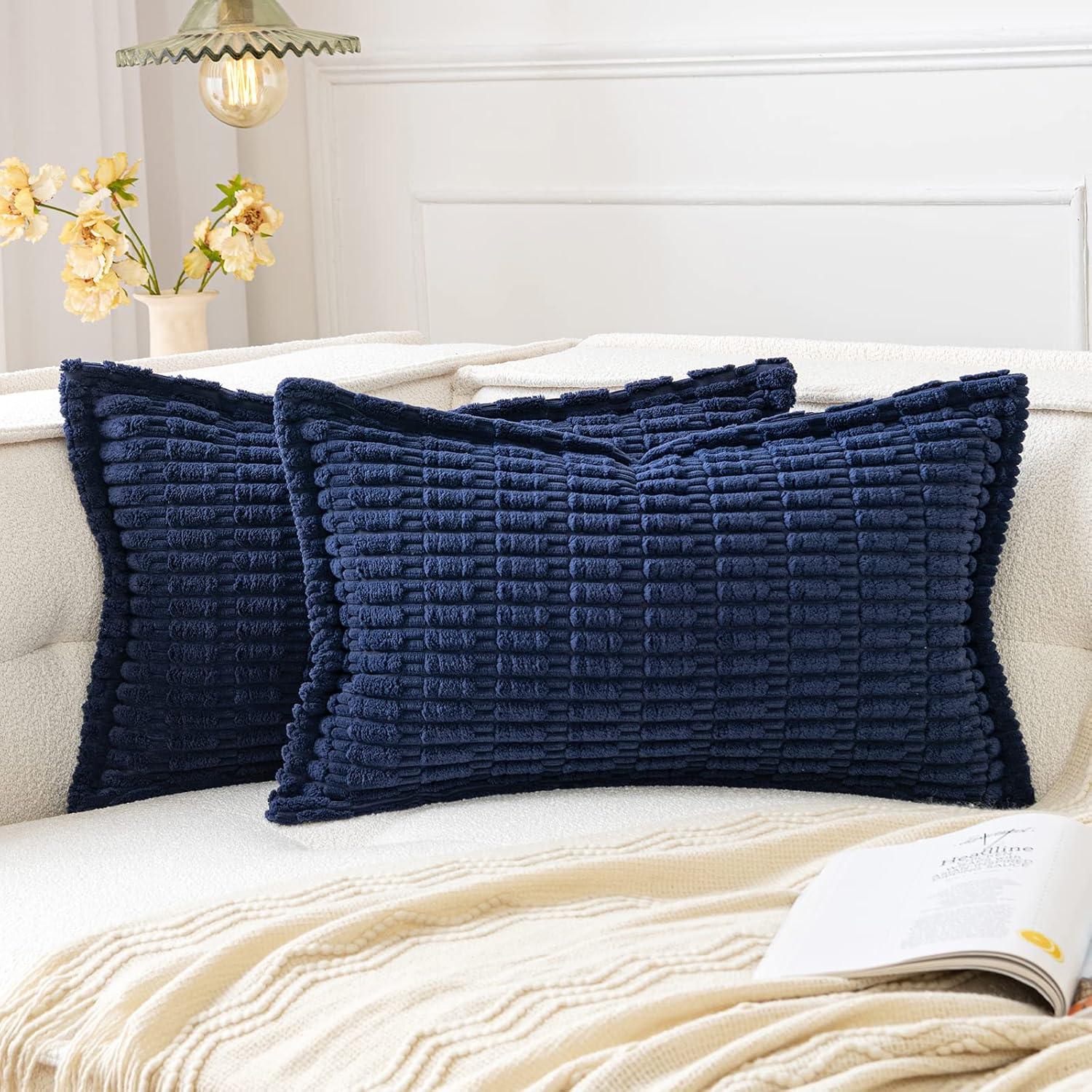 imageMIULEE Light Grey Corduroy Decorative Throw Pillow Covers Pack of 2 Soft Striped Pillows Pillowcases with Broad Edge Winter Modern Boho Home Decor for Couch Sofa Bed 18x18 InchDark Blue