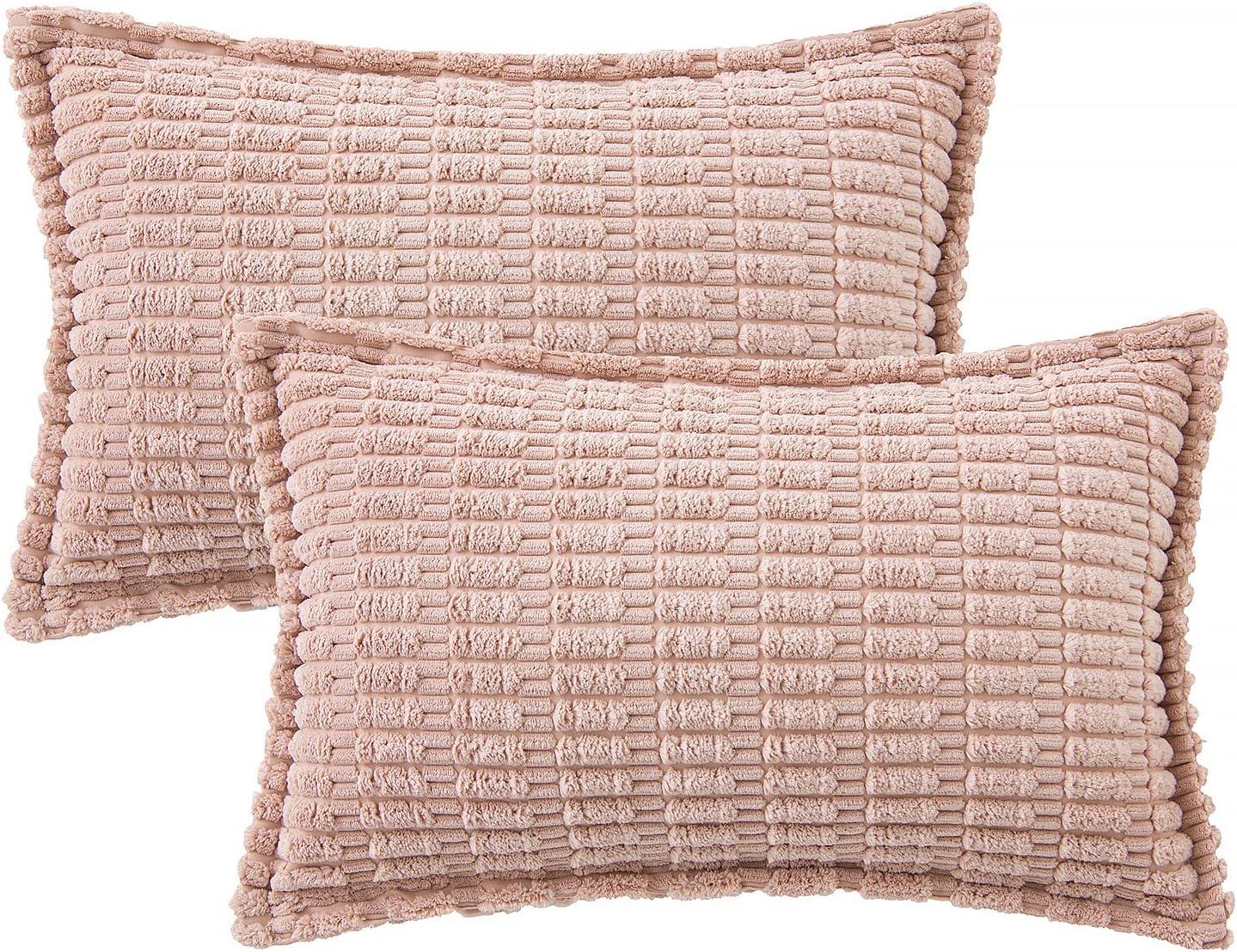 imageMIULEE Light Grey Corduroy Decorative Throw Pillow Covers Pack of 2 Soft Striped Pillows Pillowcases with Broad Edge Winter Modern Boho Home Decor for Couch Sofa Bed 18x18 InchPink