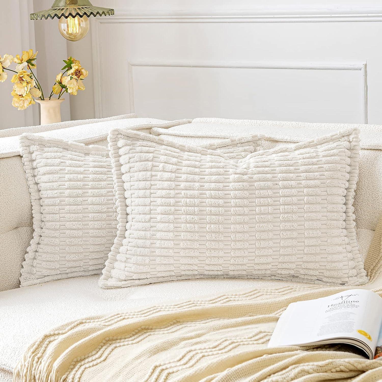 imageMIULEE Light Grey Corduroy Decorative Throw Pillow Covers Pack of 2 Soft Striped Pillows Pillowcases with Broad Edge Winter Modern Boho Home Decor for Couch Sofa Bed 18x18 InchPure White