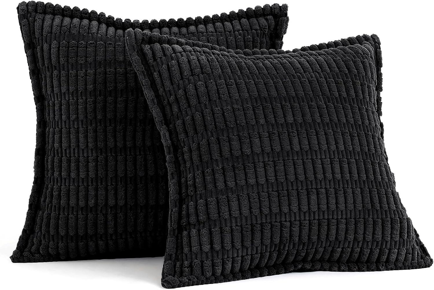 imageMIULEE Light Grey Corduroy Decorative Throw Pillow Covers Pack of 2 Soft Striped Pillows Pillowcases with Broad Edge Winter Modern Boho Home Decor for Couch Sofa Bed 18x18 InchBlack