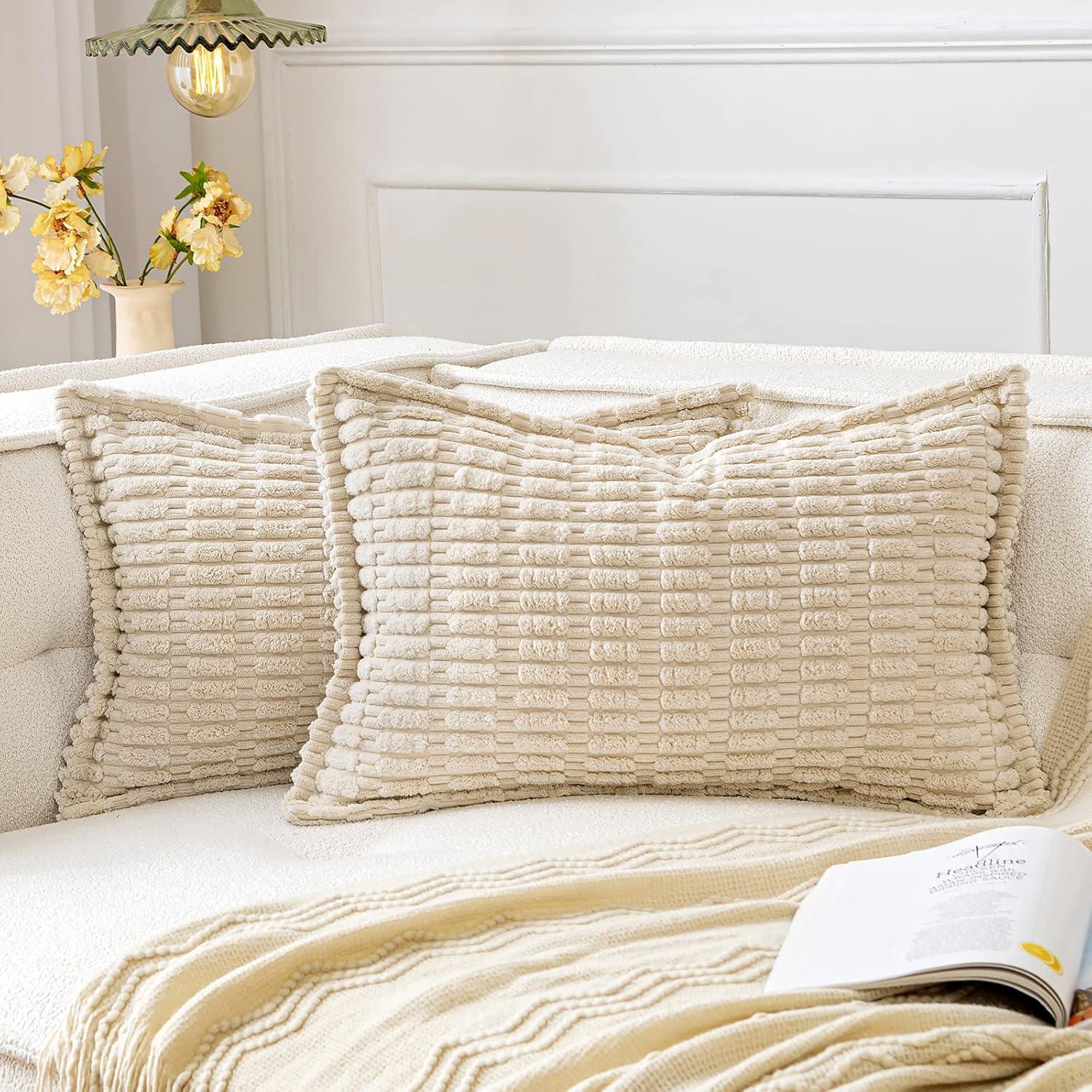 imageMIULEE Light Grey Corduroy Decorative Throw Pillow Covers Pack of 2 Soft Striped Pillows Pillowcases with Broad Edge Winter Modern Boho Home Decor for Couch Sofa Bed 18x18 InchCream White