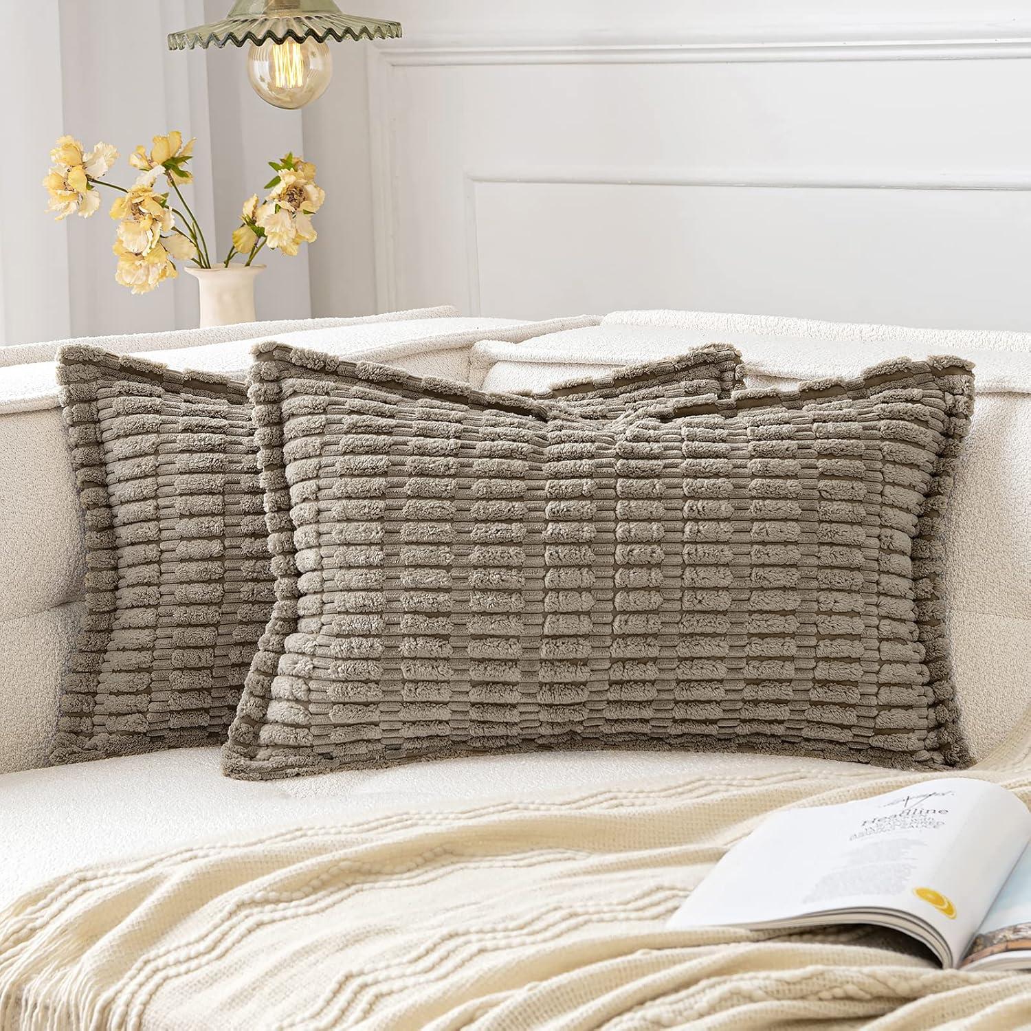 imageMIULEE Light Grey Corduroy Decorative Throw Pillow Covers Pack of 2 Soft Striped Pillows Pillowcases with Broad Edge Winter Modern Boho Home Decor for Couch Sofa Bed 18x18 InchLight Brown