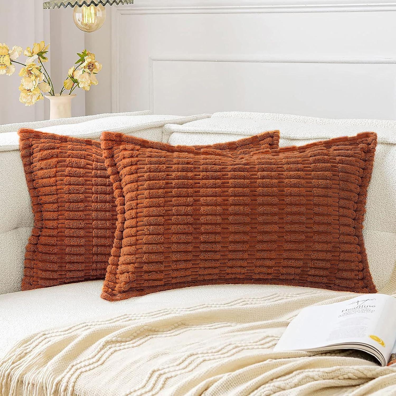 imageMIULEE Light Grey Corduroy Decorative Throw Pillow Covers Pack of 2 Soft Striped Pillows Pillowcases with Broad Edge Winter Modern Boho Home Decor for Couch Sofa Bed 18x18 InchDark Rust