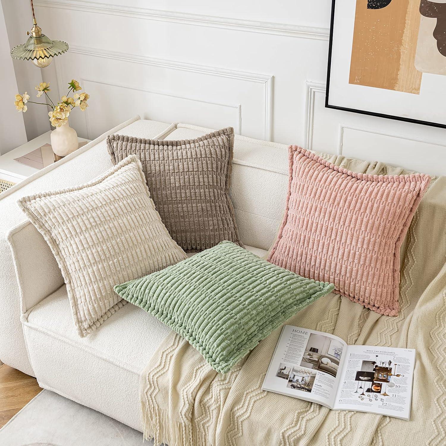 imageMIULEE Light Grey Corduroy Decorative Throw Pillow Covers Pack of 2 Soft Striped Pillows Pillowcases with Broad Edge Winter Modern Boho Home Decor for Couch Sofa Bed 18x18 InchCream White