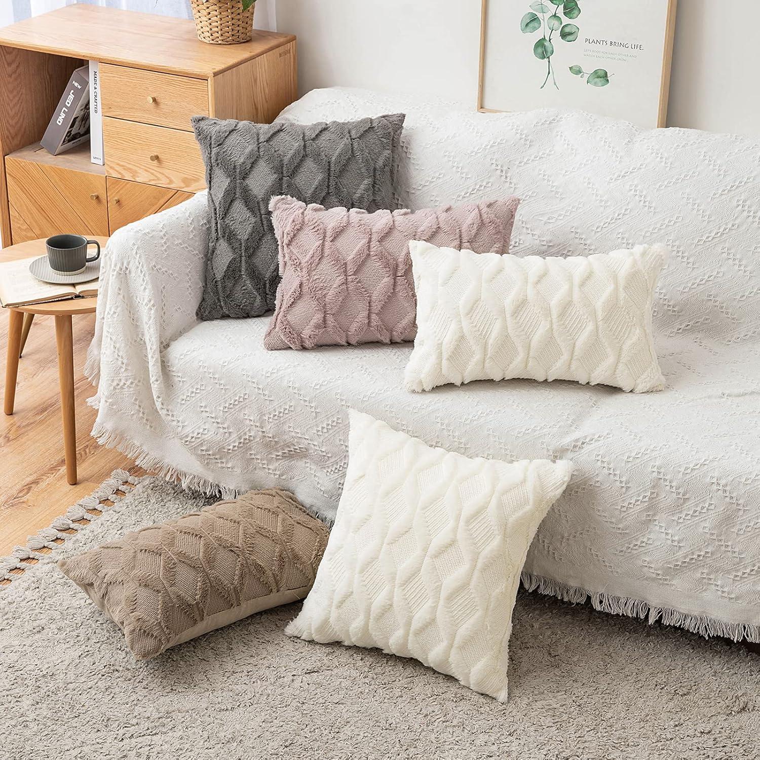 imageMIULEE Light Purple Throw Pillow Covers 20x20 Set of 2 Spring Decorative Farmhouse Couch Throw Pillows Boho Shells Cute Soft Plush Wool Winter Pillowcases for Bedroom Living Room SofaCream White