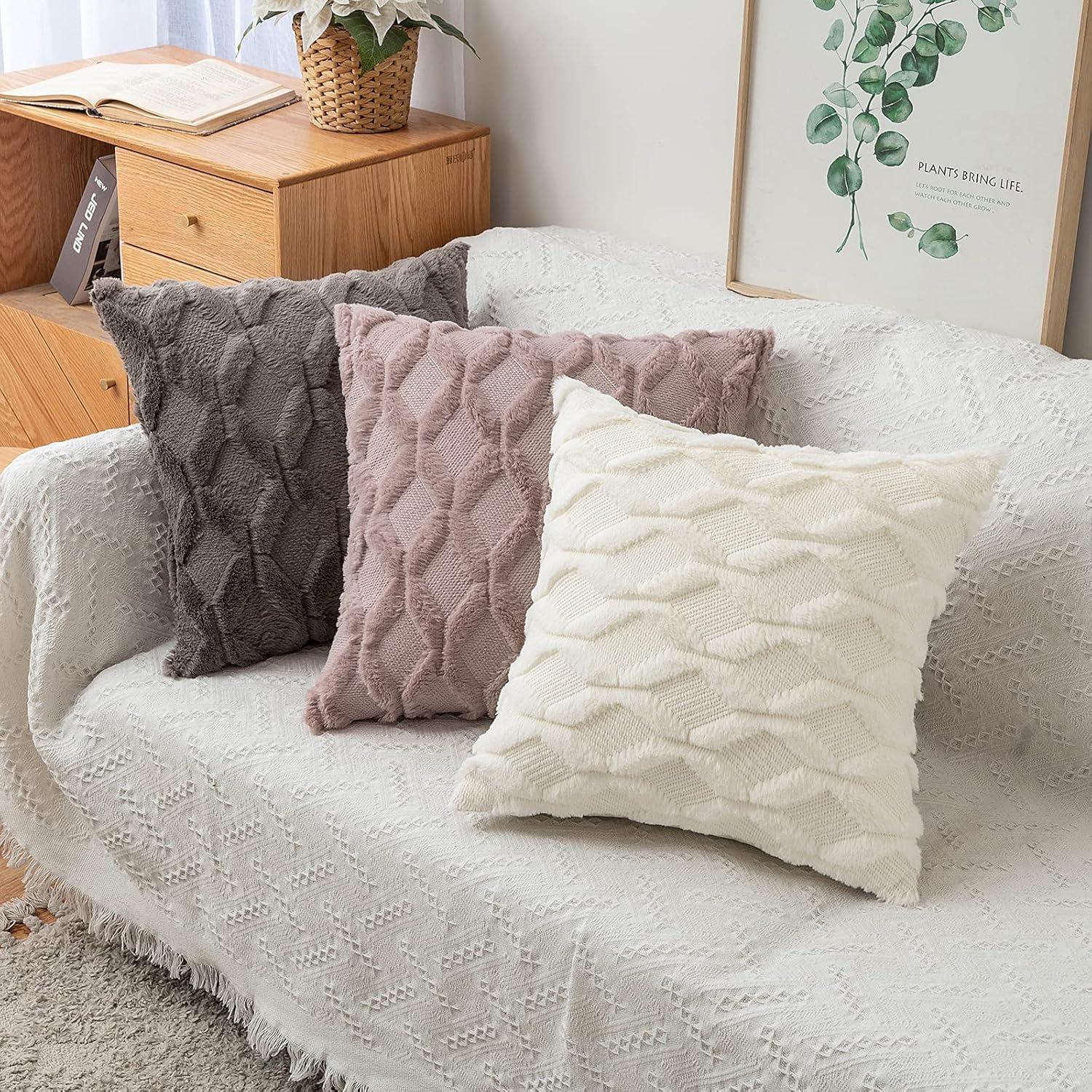 imageMIULEE Light Purple Throw Pillow Covers 20x20 Set of 2 Spring Decorative Farmhouse Couch Throw Pillows Boho Shells Cute Soft Plush Wool Winter Pillowcases for Bedroom Living Room SofaCream White