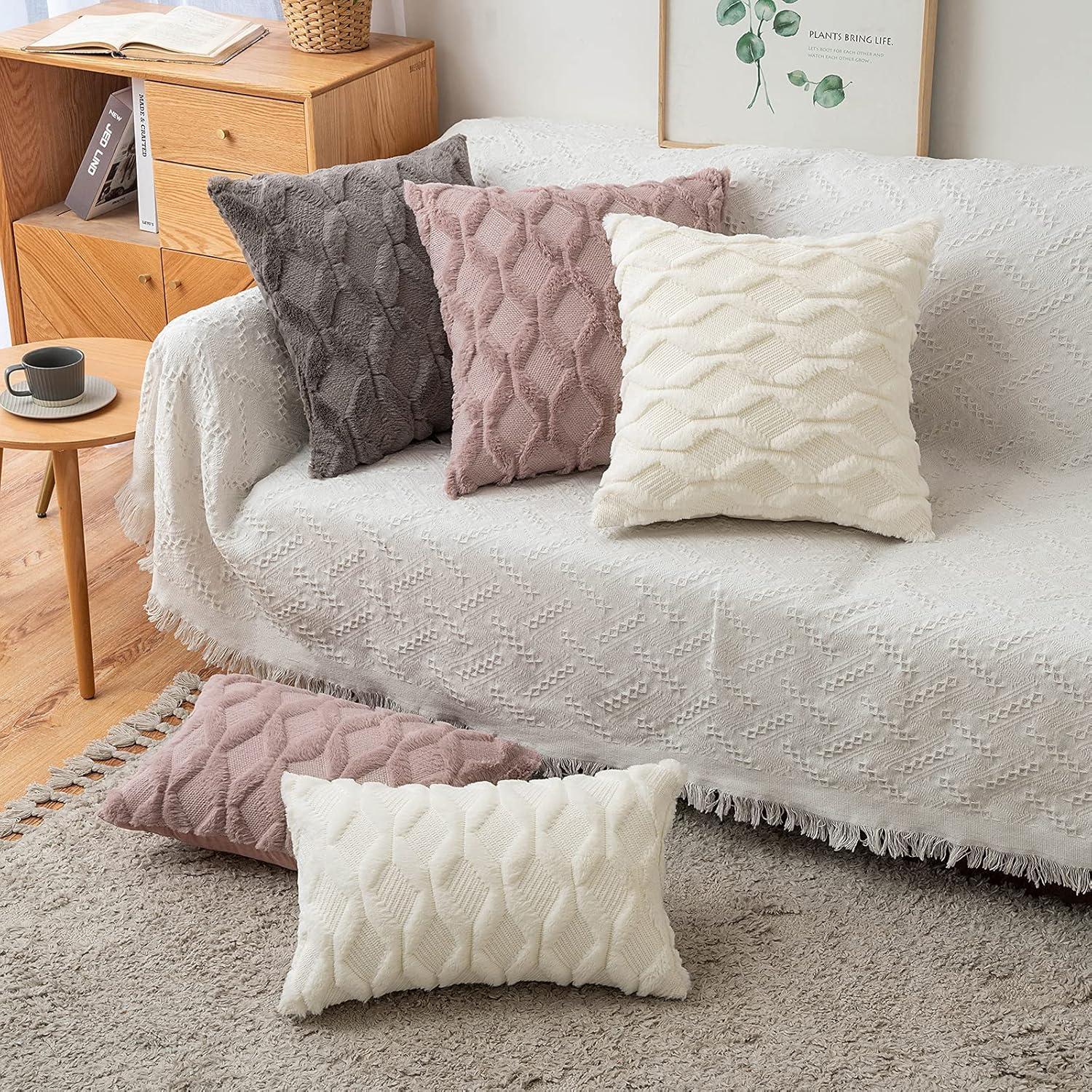 imageMIULEE Light Purple Throw Pillow Covers 20x20 Set of 2 Spring Decorative Farmhouse Couch Throw Pillows Boho Shells Cute Soft Plush Wool Winter Pillowcases for Bedroom Living Room SofaCream White