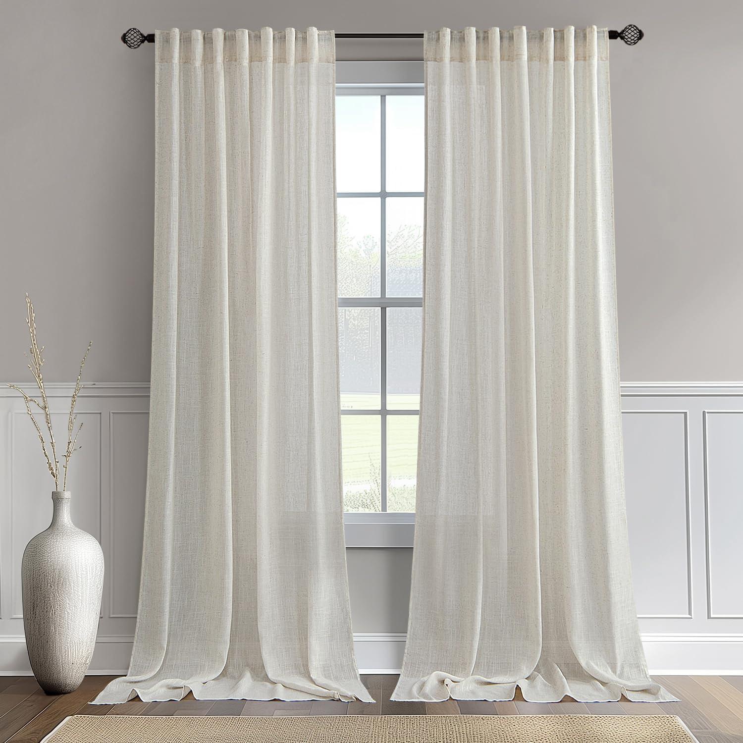 imageMIULEE Linen Curtains 96 Inch Length for Living Room 2 Panels Hunter Green Back Tab Pocket Light Filtering Semi Sheer Soft Linen Emerald Dark Green Christmas Drapes Farmhouse Boho Curtain for BedroomNatural