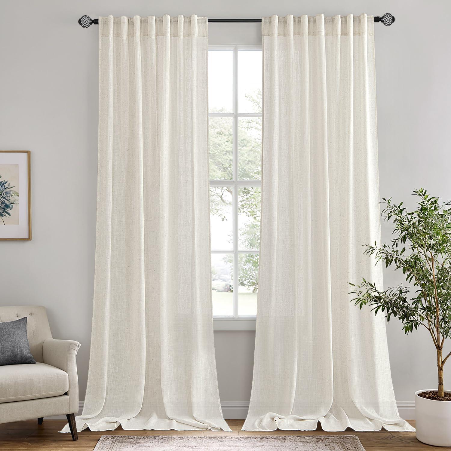 imageMIULEE Linen Curtains 96 Inch Length for Living Room 2 Panels Hunter Green Back Tab Pocket Light Filtering Semi Sheer Soft Linen Emerald Dark Green Christmas Drapes Farmhouse Boho Curtain for BedroomNatural