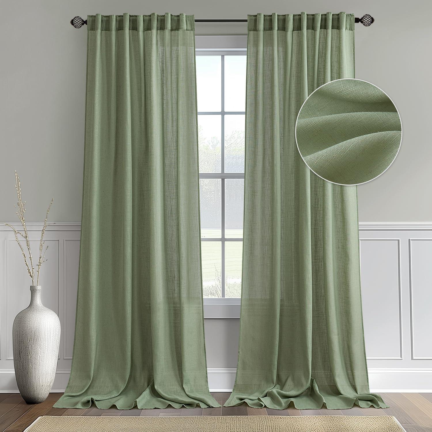 imageMIULEE Linen Curtains 96 Inch Length for Living Room 2 Panels Hunter Green Back Tab Pocket Light Filtering Semi Sheer Soft Linen Emerald Dark Green Christmas Drapes Farmhouse Boho Curtain for BedroomSage Green