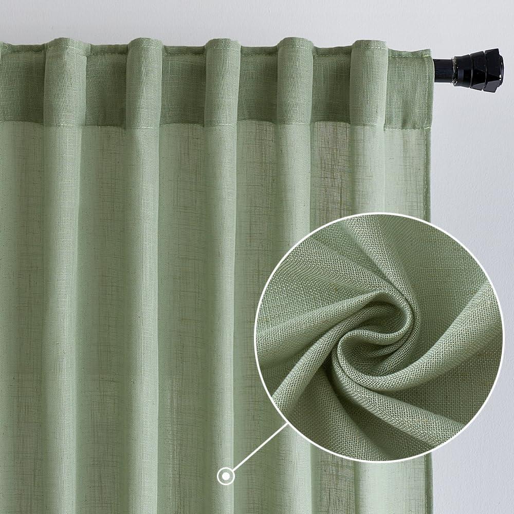 imageMIULEE Linen Curtains 96 Inch Length for Living Room 2 Panels Hunter Green Back Tab Pocket Light Filtering Semi Sheer Soft Linen Emerald Dark Green Christmas Drapes Farmhouse Boho Curtain for BedroomSage Green