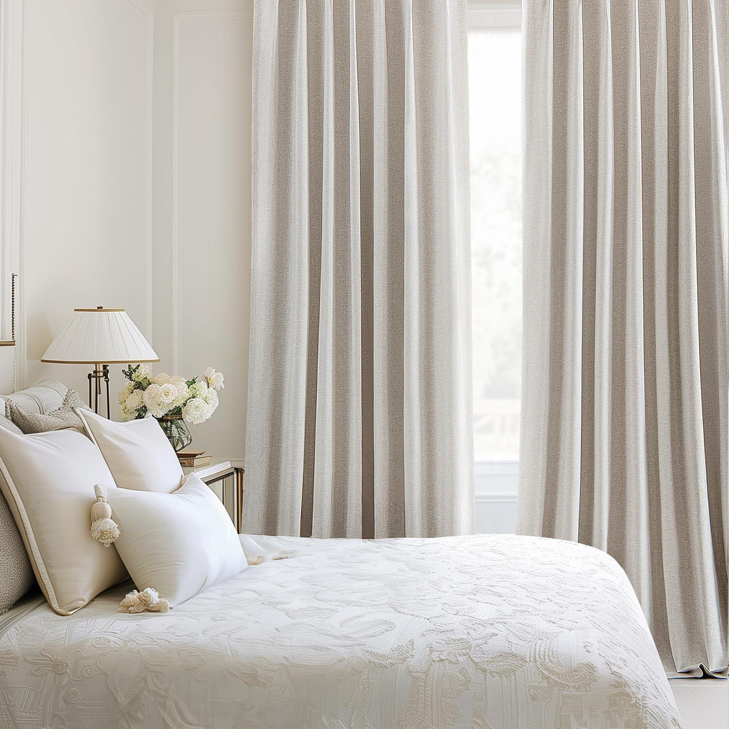 imageMIULEE Linen Pinch Pleated 100 Blackout Curtains for Bedroom 105 Inch Long 3 Panels Set Back Tab Track Beige Thermal Insulated Cream Black Out Triple Pleat Room Darkening Drapes with Hooks GreigeGreige
