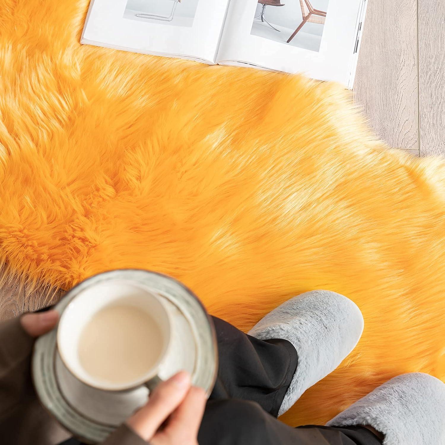 imageMIULEE Luxury Soft Fluffy Area Rug 3x5 Feet Faux Fur Sheepskin Rug Decorative Plush Shaggy Carpet for Christmas Decor Bedside Sofa Floor Nursery WhiteOrange Yellow