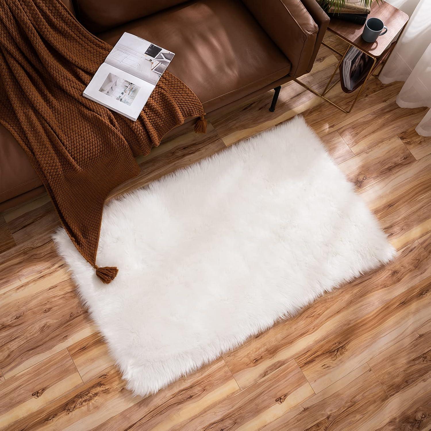 imageMIULEE Luxury Soft Fluffy Area Rug 3x5 Feet Faux Fur Sheepskin Rug Decorative Plush Shaggy Carpet for Christmas Decor Bedside Sofa Floor Nursery WhiteWhite