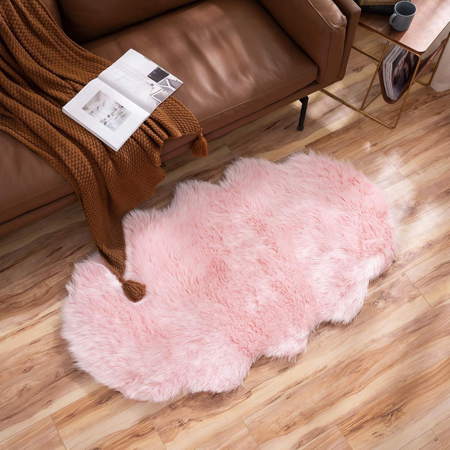 imageMIULEE Luxury Soft Fluffy Area Rug 3x5 Feet Faux Fur Sheepskin Rug Decorative Plush Shaggy Carpet for Christmas Decor Bedside Sofa Floor Nursery WhitePink