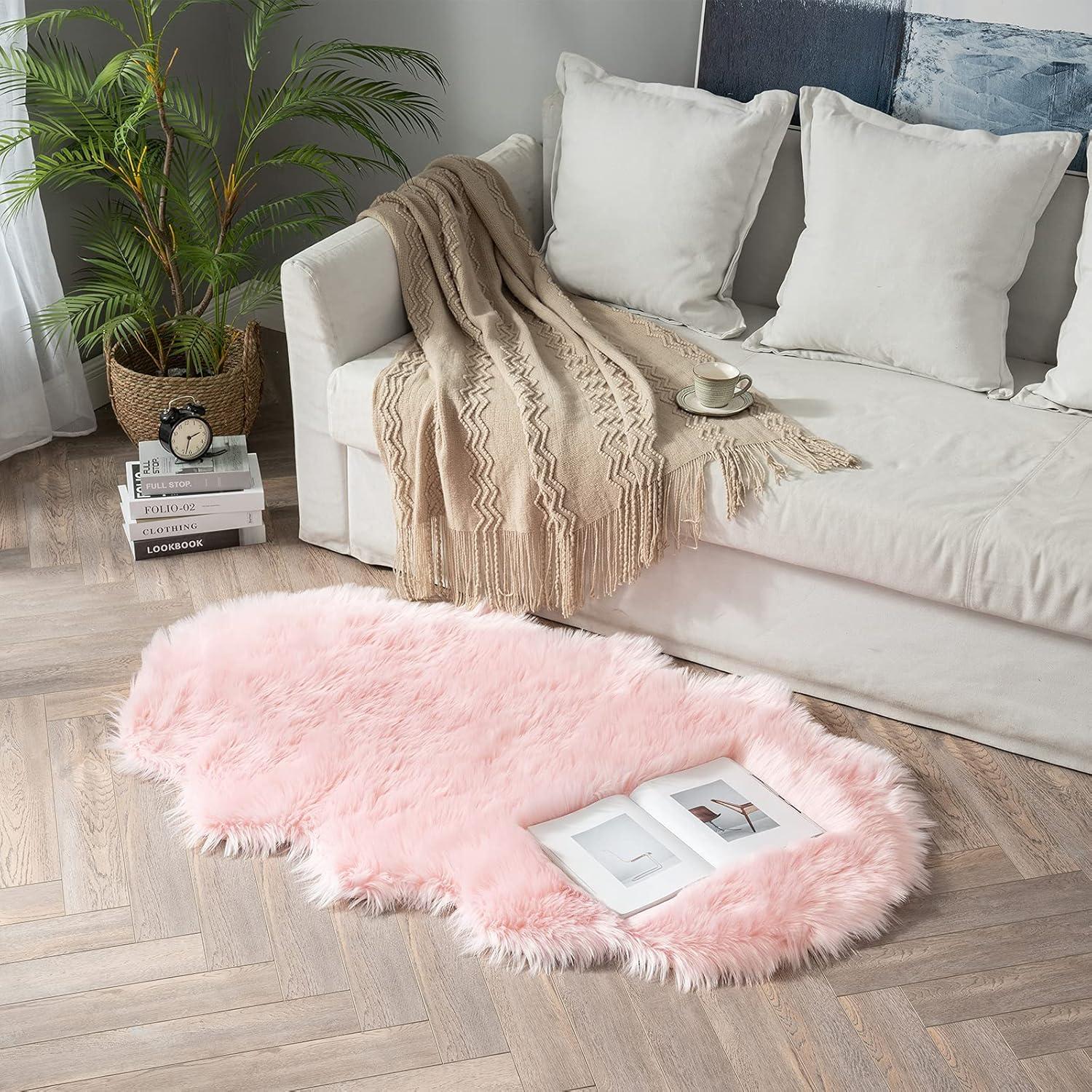 imageMIULEE Luxury Soft Fluffy Area Rug 3x5 Feet Faux Fur Sheepskin Rug Decorative Plush Shaggy Carpet for Christmas Decor Bedside Sofa Floor Nursery WhitePink