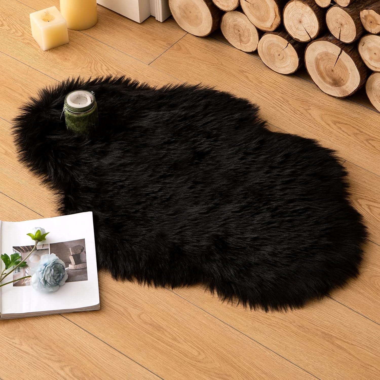 imageMIULEE Luxury Soft Fluffy Area Rug 3x5 Feet Faux Fur Sheepskin Rug Decorative Plush Shaggy Carpet for Christmas Decor Bedside Sofa Floor Nursery WhiteBlack