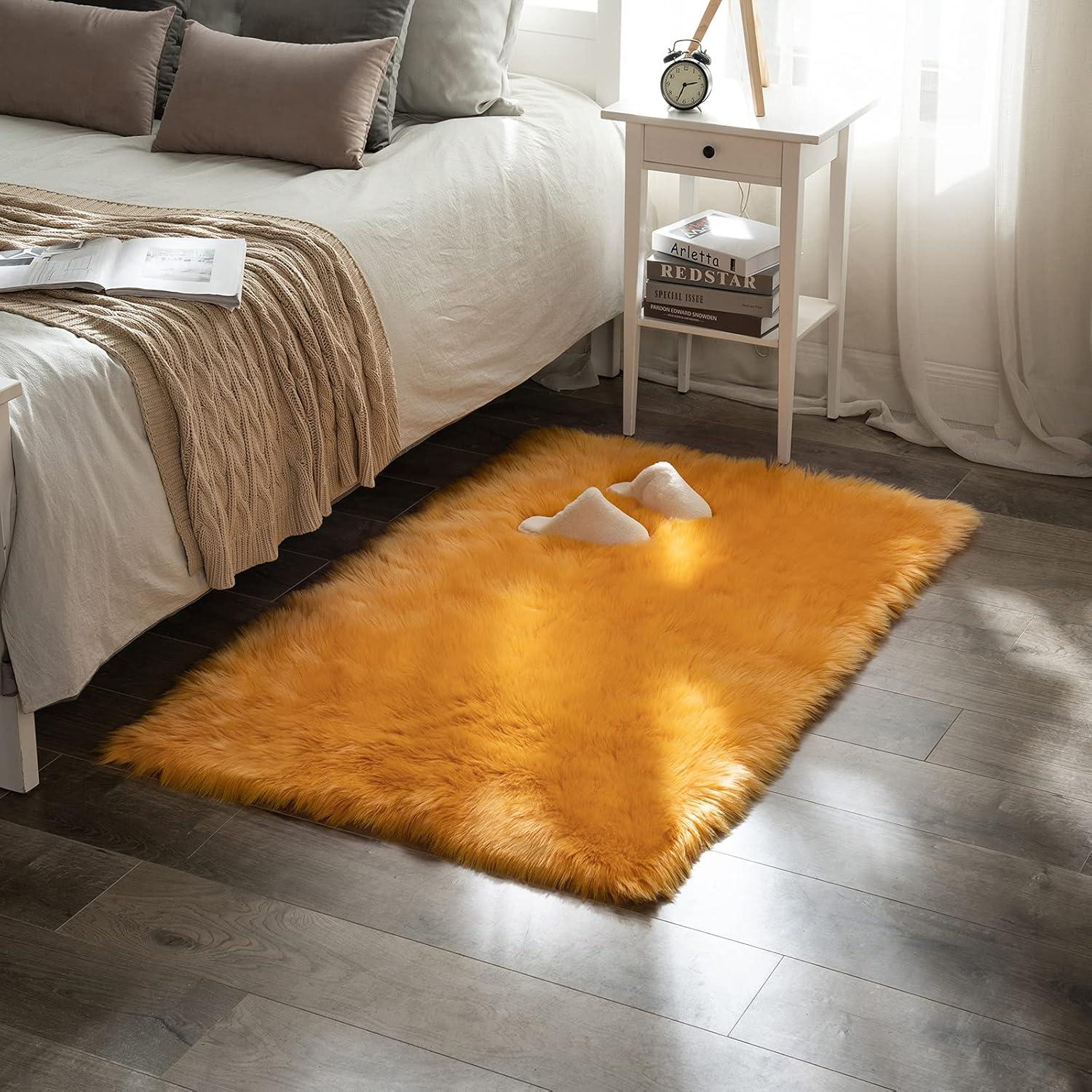 imageMIULEE Luxury Soft Fluffy Area Rug 3x5 Feet Faux Fur Sheepskin Rug Decorative Plush Shaggy Carpet for Christmas Decor Bedside Sofa Floor Nursery WhiteOrange Yellow