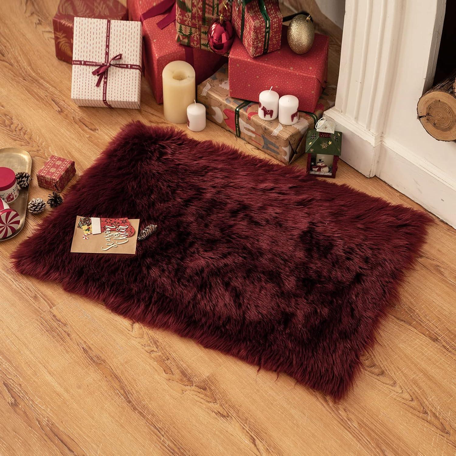 imageMIULEE Luxury Soft Fluffy Area Rug 3x5 Feet Faux Fur Sheepskin Rug Decorative Plush Shaggy Carpet for Christmas Decor Bedside Sofa Floor Nursery WhiteWine Red