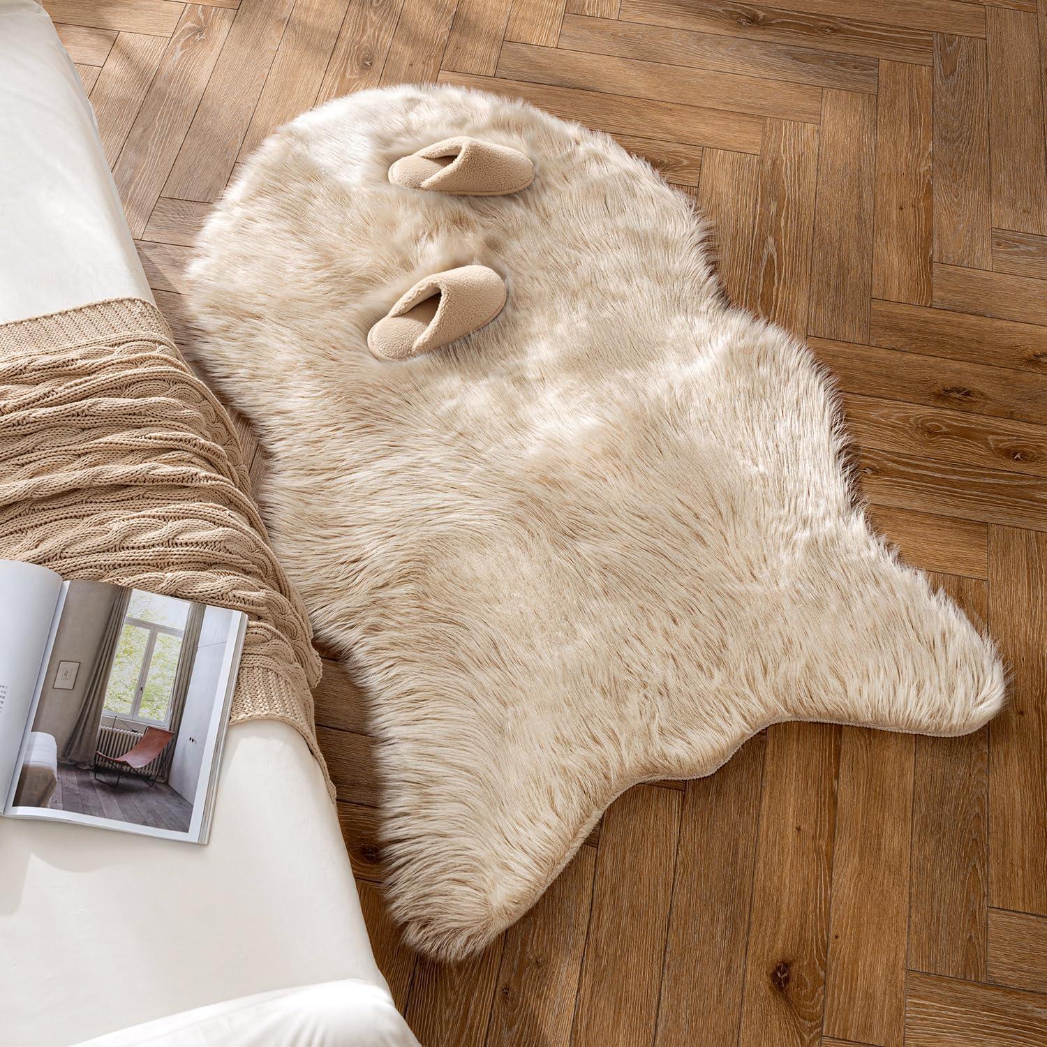 imageMIULEE Luxury Soft Fluffy Area Rug 3x5 Feet Faux Fur Sheepskin Rug Decorative Plush Shaggy Carpet for Christmas Decor Bedside Sofa Floor Nursery WhiteBeige