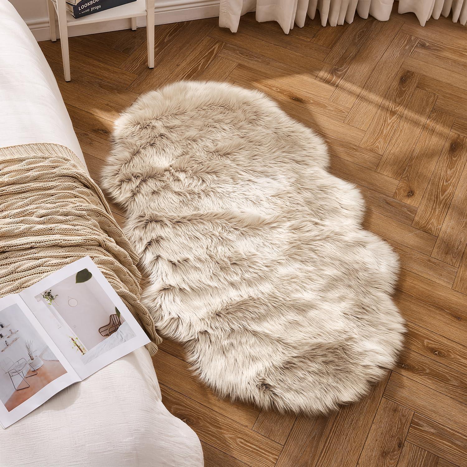 imageMIULEE Luxury Soft Fluffy Area Rug 3x5 Feet Faux Fur Sheepskin Rug Decorative Plush Shaggy Carpet for Christmas Decor Bedside Sofa Floor Nursery WhiteBeige