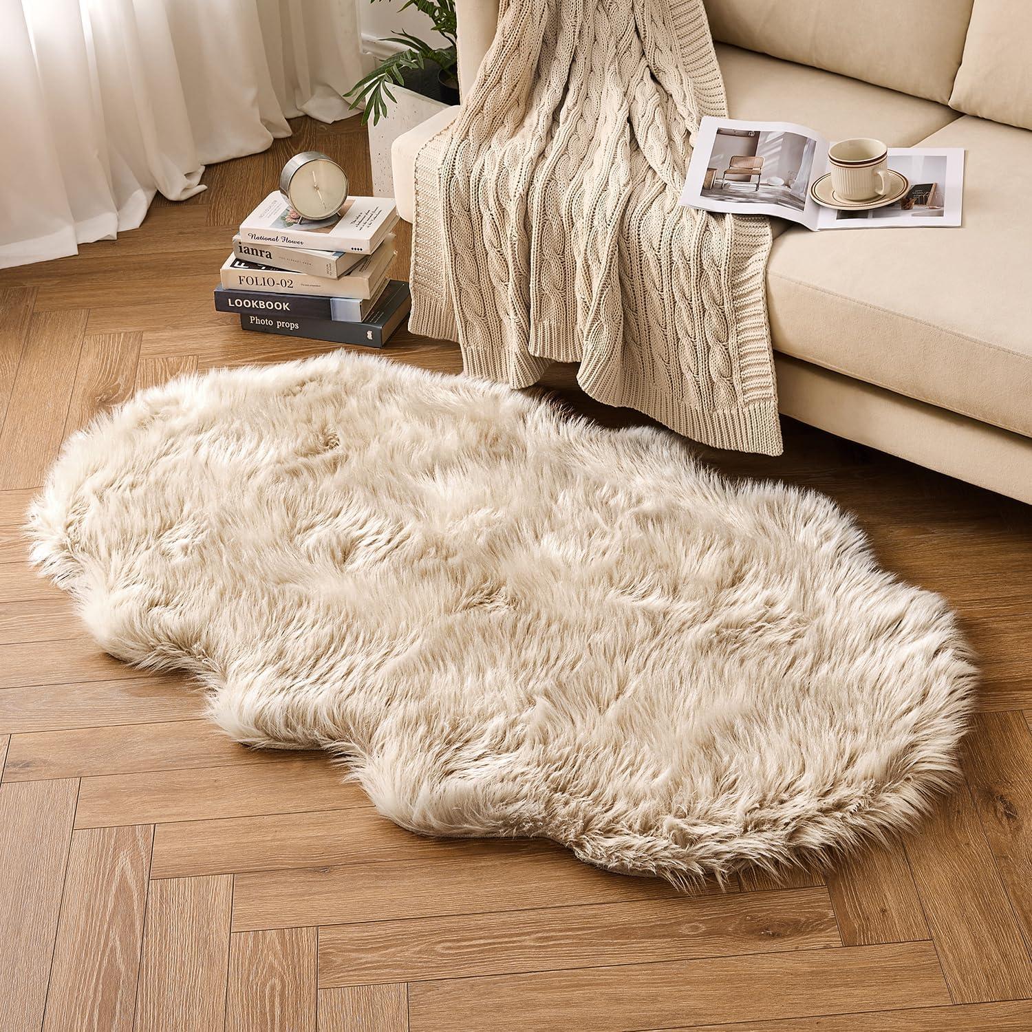 imageMIULEE Luxury Soft Fluffy Area Rug 3x5 Feet Faux Fur Sheepskin Rug Decorative Plush Shaggy Carpet for Christmas Decor Bedside Sofa Floor Nursery WhiteBeige