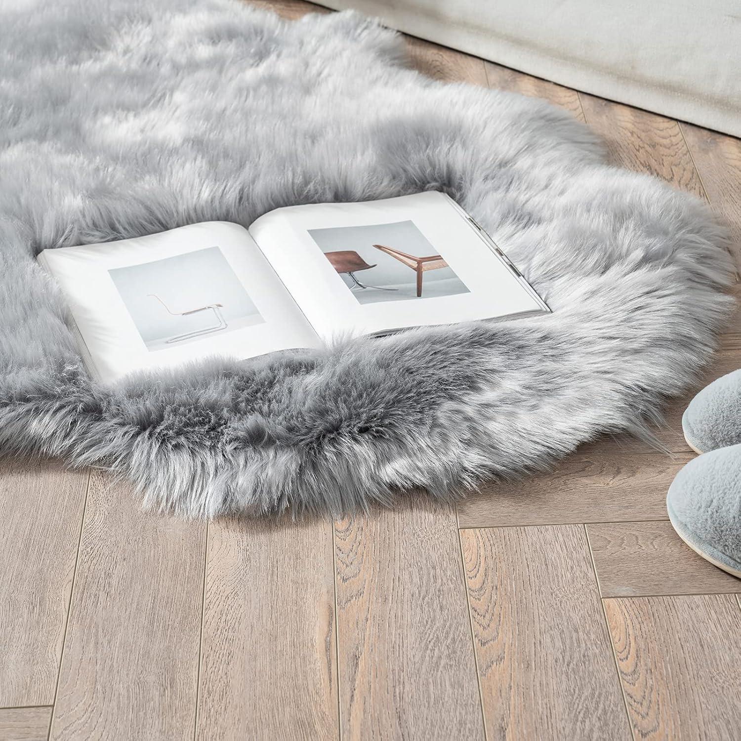 imageMIULEE Luxury Soft Fluffy Area Rug 3x5 Feet Faux Fur Sheepskin Rug Decorative Plush Shaggy Carpet for Christmas Decor Bedside Sofa Floor Nursery WhiteGrey