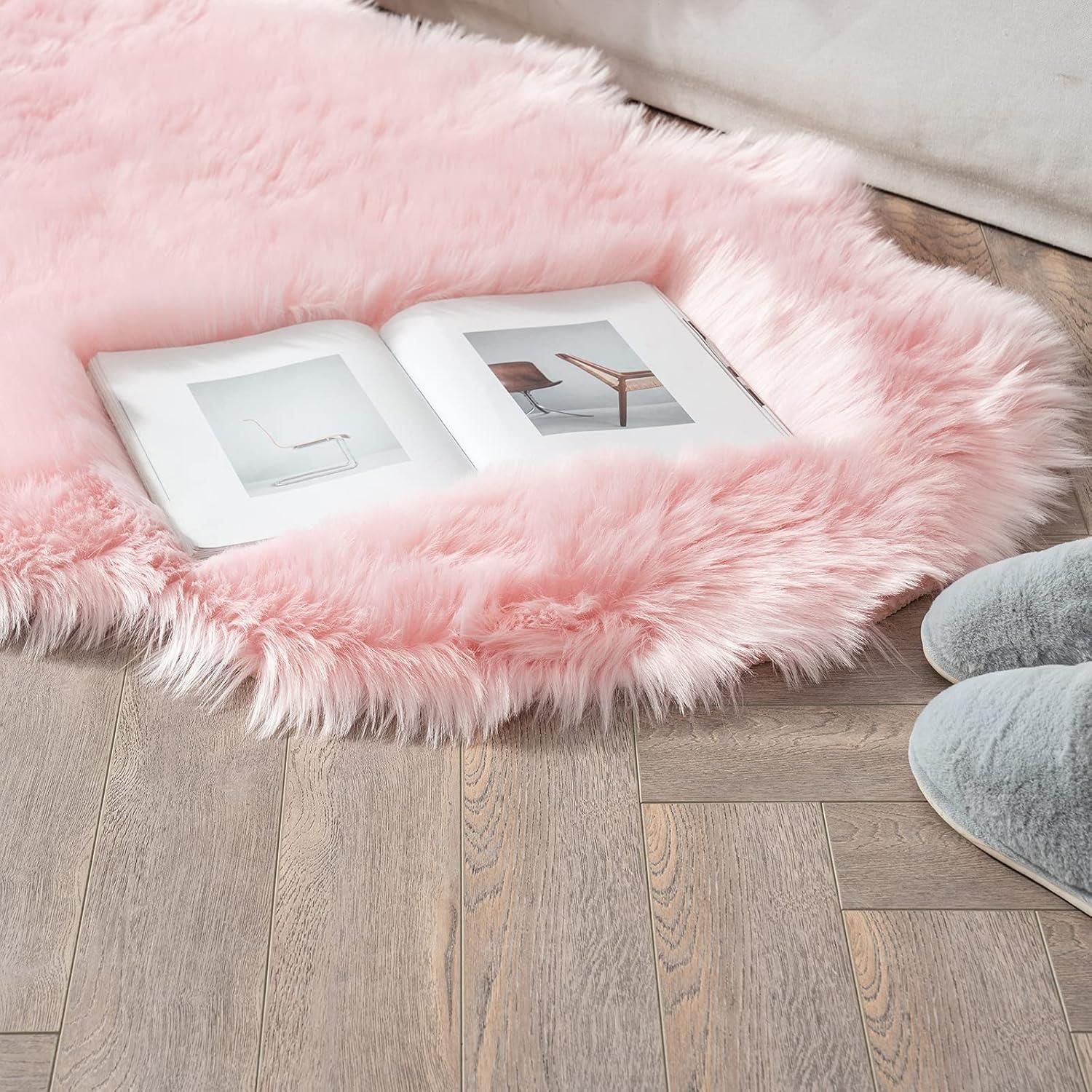 imageMIULEE Luxury Soft Fluffy Area Rug 3x5 Feet Faux Fur Sheepskin Rug Decorative Plush Shaggy Carpet for Christmas Decor Bedside Sofa Floor Nursery WhitePink