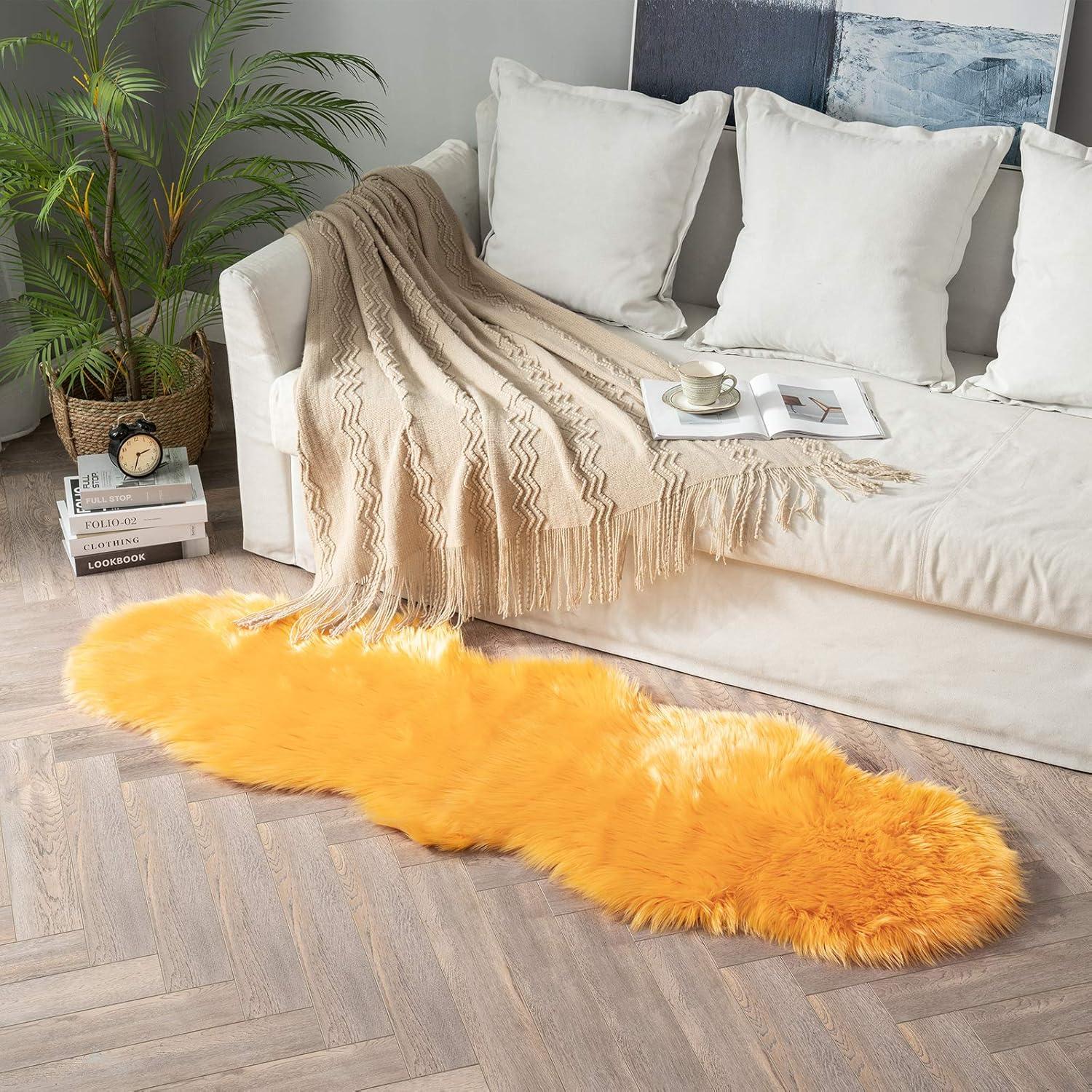 imageMIULEE Luxury Soft Fluffy Area Rug 3x5 Feet Faux Fur Sheepskin Rug Decorative Plush Shaggy Carpet for Christmas Decor Bedside Sofa Floor Nursery WhiteOrange Yellow