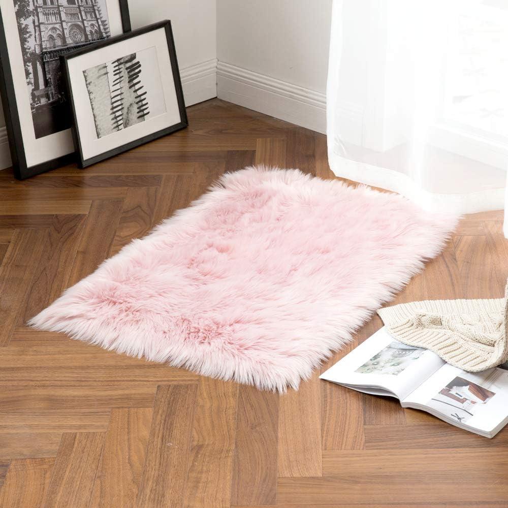 imageMIULEE Luxury Soft Fluffy Area Rug 3x5 Feet Faux Fur Sheepskin Rug Decorative Plush Shaggy Carpet for Christmas Decor Bedside Sofa Floor Nursery WhitePink