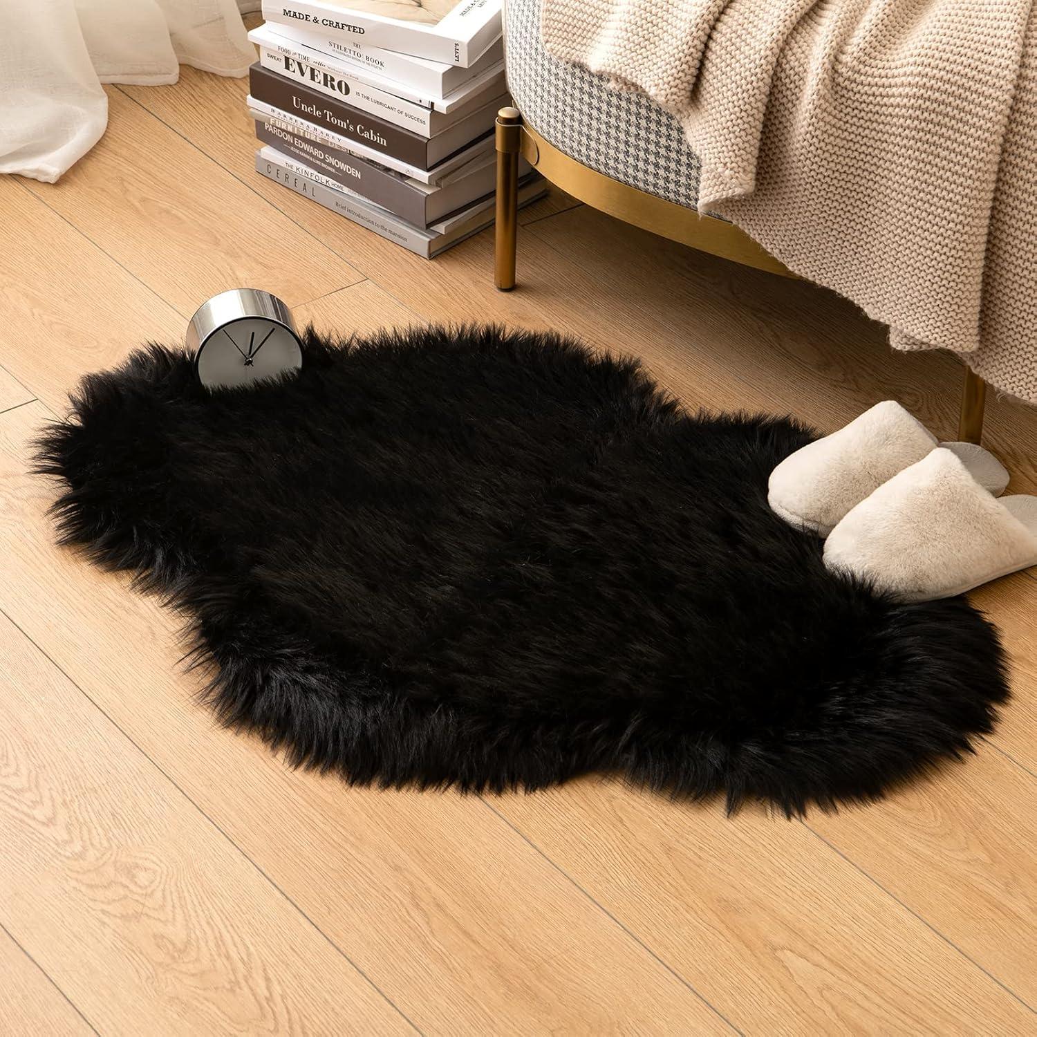 imageMIULEE Luxury Soft Fluffy Area Rug 3x5 Feet Faux Fur Sheepskin Rug Decorative Plush Shaggy Carpet for Christmas Decor Bedside Sofa Floor Nursery WhiteBlack