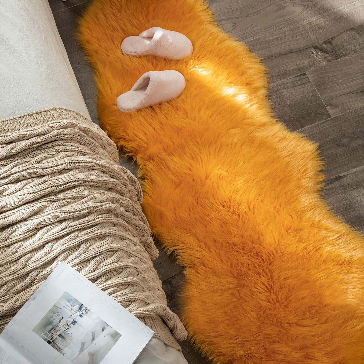 imageMIULEE Luxury Soft Fluffy Area Rug 3x5 Feet Faux Fur Sheepskin Rug Decorative Plush Shaggy Carpet for Christmas Decor Bedside Sofa Floor Nursery WhiteOrange Yellow