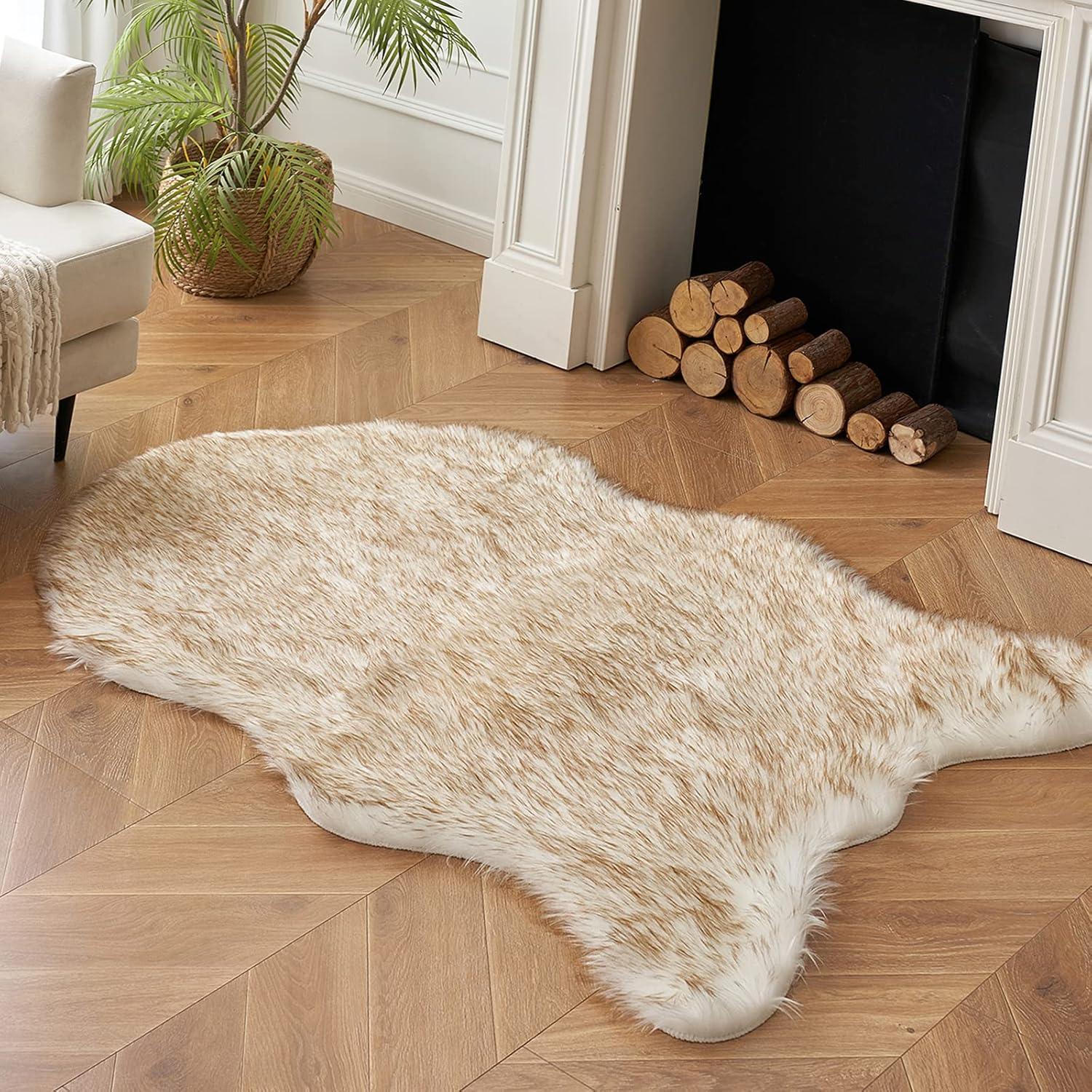 imageMIULEE Luxury Soft Fluffy Area Rug 3x5 Feet Faux Fur Sheepskin Rug Decorative Plush Shaggy Carpet for Christmas Decor Bedside Sofa Floor Nursery WhiteFrosted Tips Brown