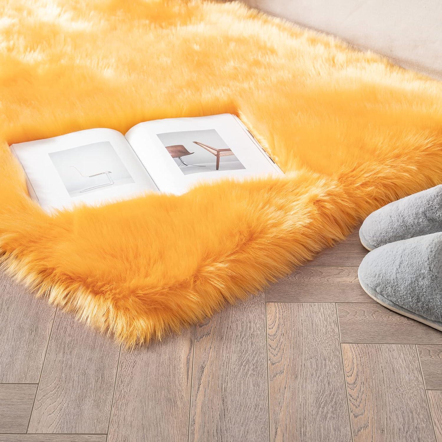 imageMIULEE Luxury Soft Fluffy Area Rug 3x5 Feet Faux Fur Sheepskin Rug Decorative Plush Shaggy Carpet for Christmas Decor Bedside Sofa Floor Nursery WhiteOrange Yellow