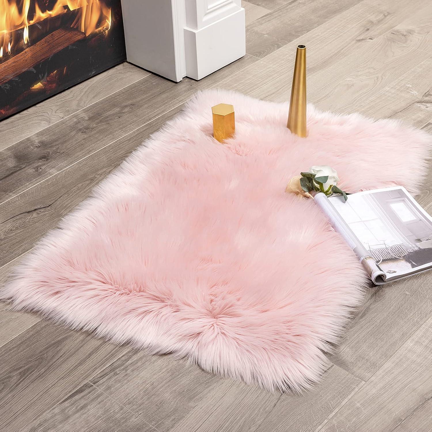 imageMIULEE Luxury Soft Fluffy Area Rug 3x5 Feet Faux Fur Sheepskin Rug Decorative Plush Shaggy Carpet for Christmas Decor Bedside Sofa Floor Nursery WhitePink
