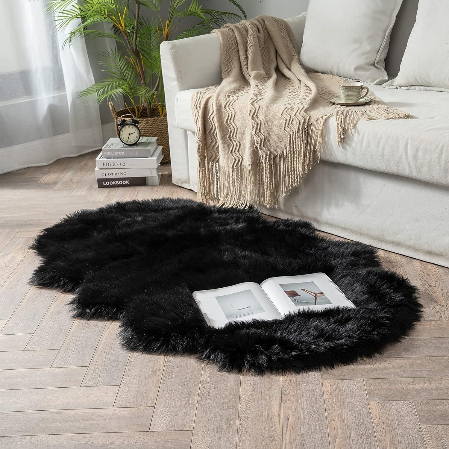 imageMIULEE Luxury Soft Fluffy Area Rug 3x5 Feet Faux Fur Sheepskin Rug Decorative Plush Shaggy Carpet for Christmas Decor Bedside Sofa Floor Nursery WhiteBlack