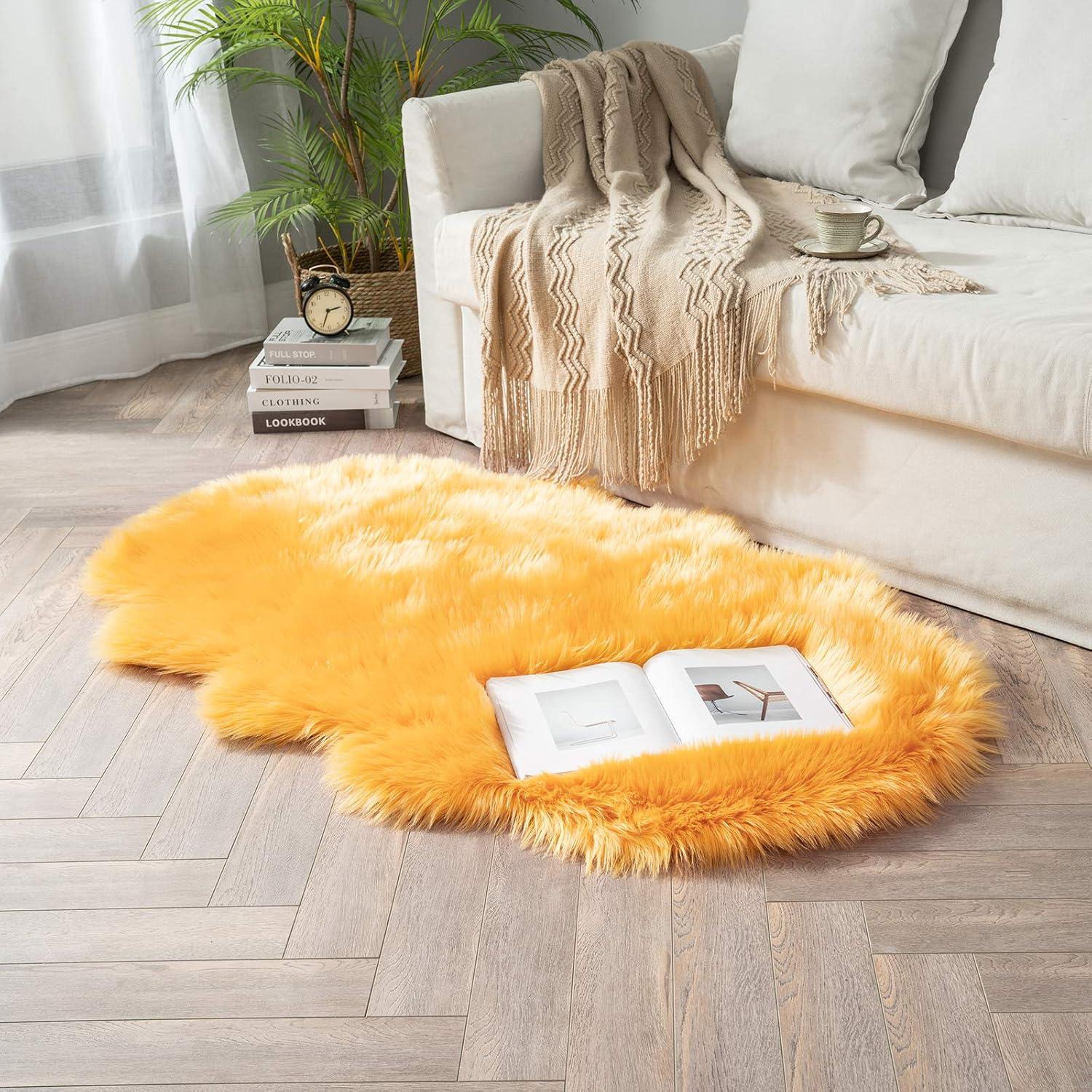imageMIULEE Luxury Soft Fluffy Area Rug 3x5 Feet Faux Fur Sheepskin Rug Decorative Plush Shaggy Carpet for Christmas Decor Bedside Sofa Floor Nursery WhiteOrange Yellow